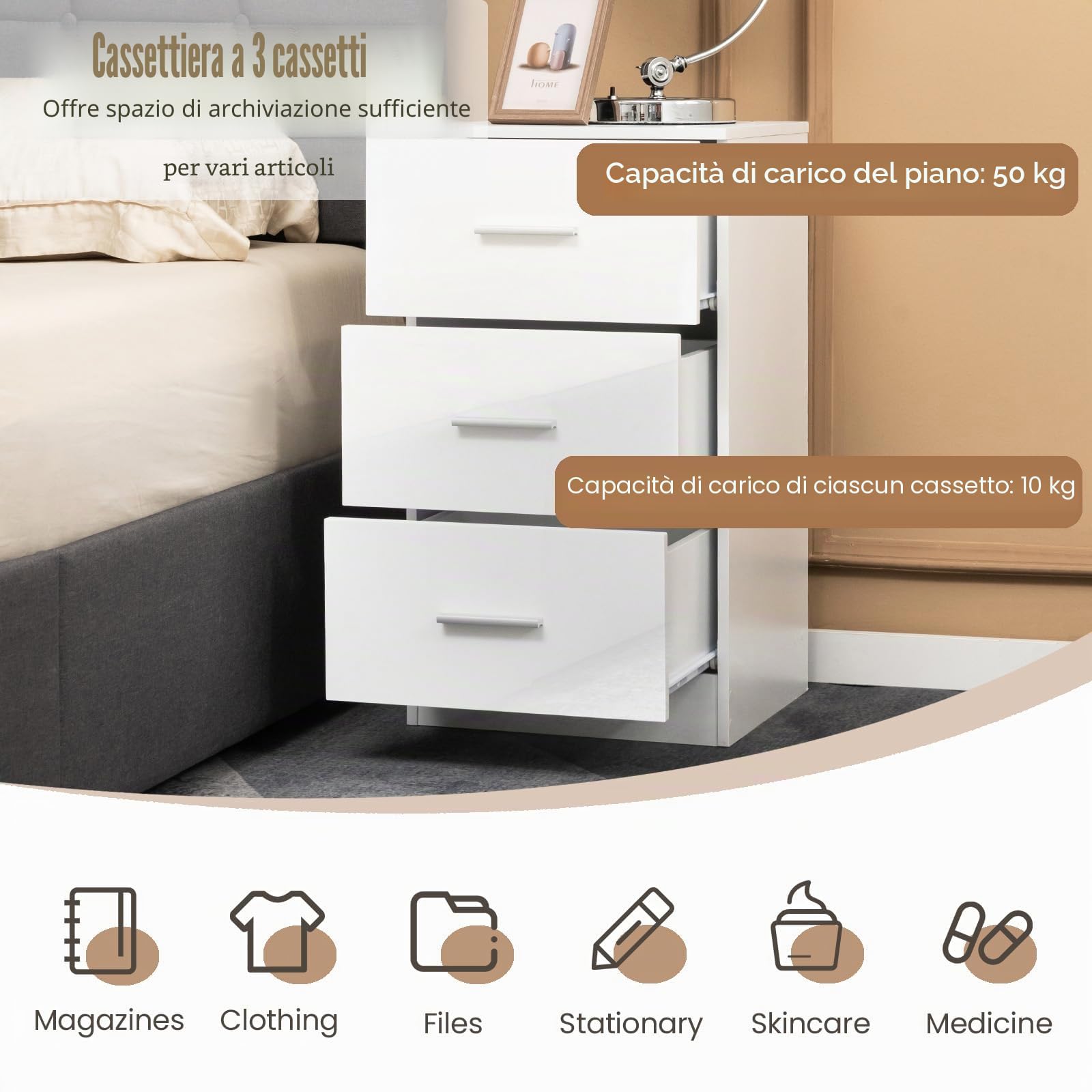 KOMFOTTEU - Cassettiera per ufficio con 3 cassetti, piccola commode multifunzionale con tappetino protettivo, classificatore con dispositivo anti-ribaltamento, 37 x 34 x 66,5 cm (Confezione da 2