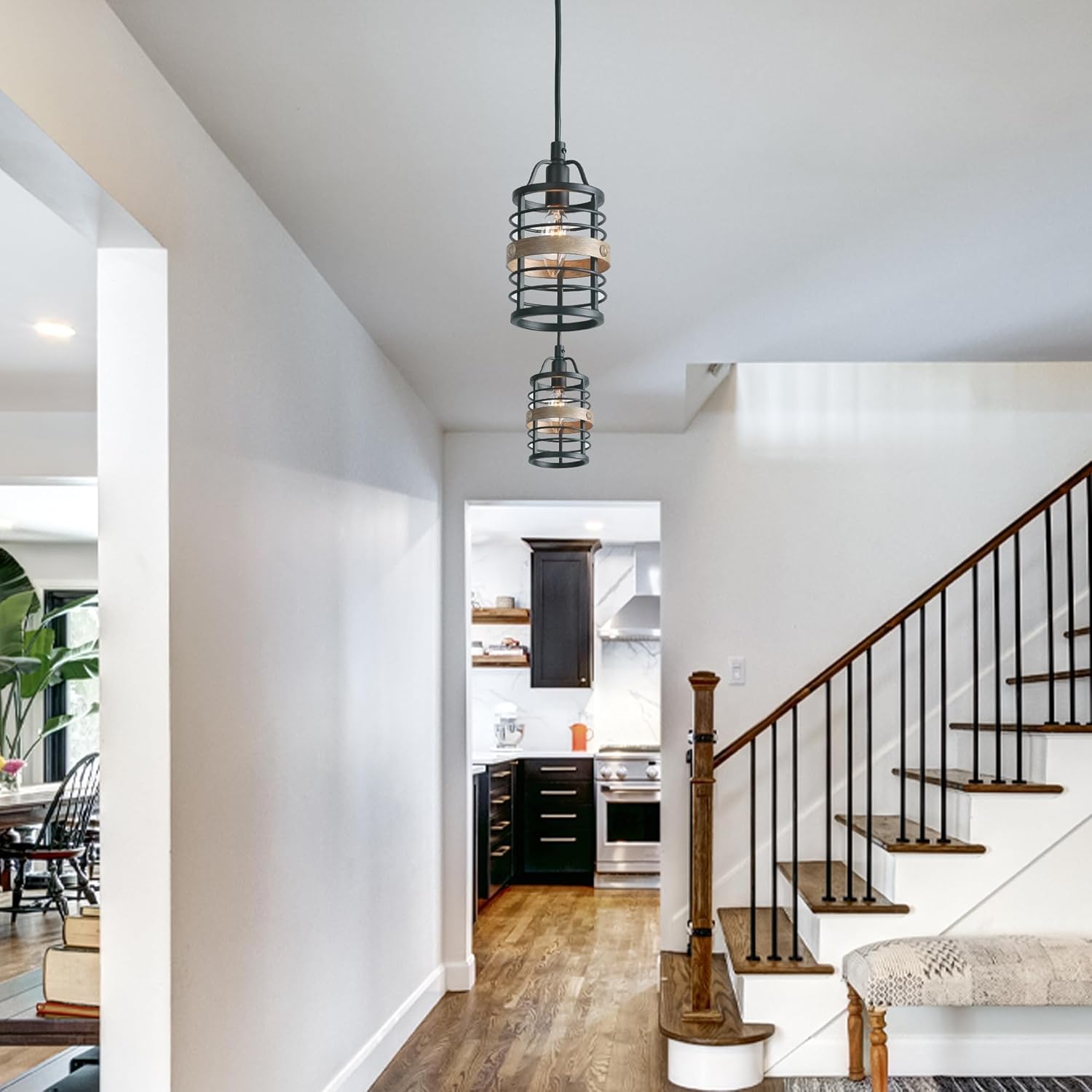 LOG BARN Farmhouse Cage Pendant Light Fixtures, Mini Rustic Industrial Hanging Pendant Lighting with Faux-Wood Finish for Kitchen Island, Foyer, Hallway, Bedroom and Entryway