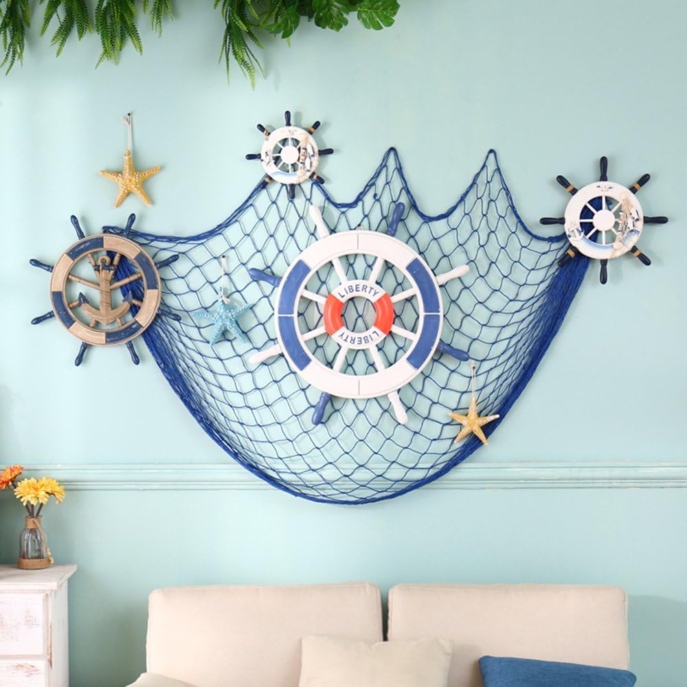Yagote 79inch x 39inch Decorative Fish Net with Shells Blue Mediterranean Style Nautical Decorative Fishing Net Hanging Home Decor Room Decoration(79x39inch Blue)