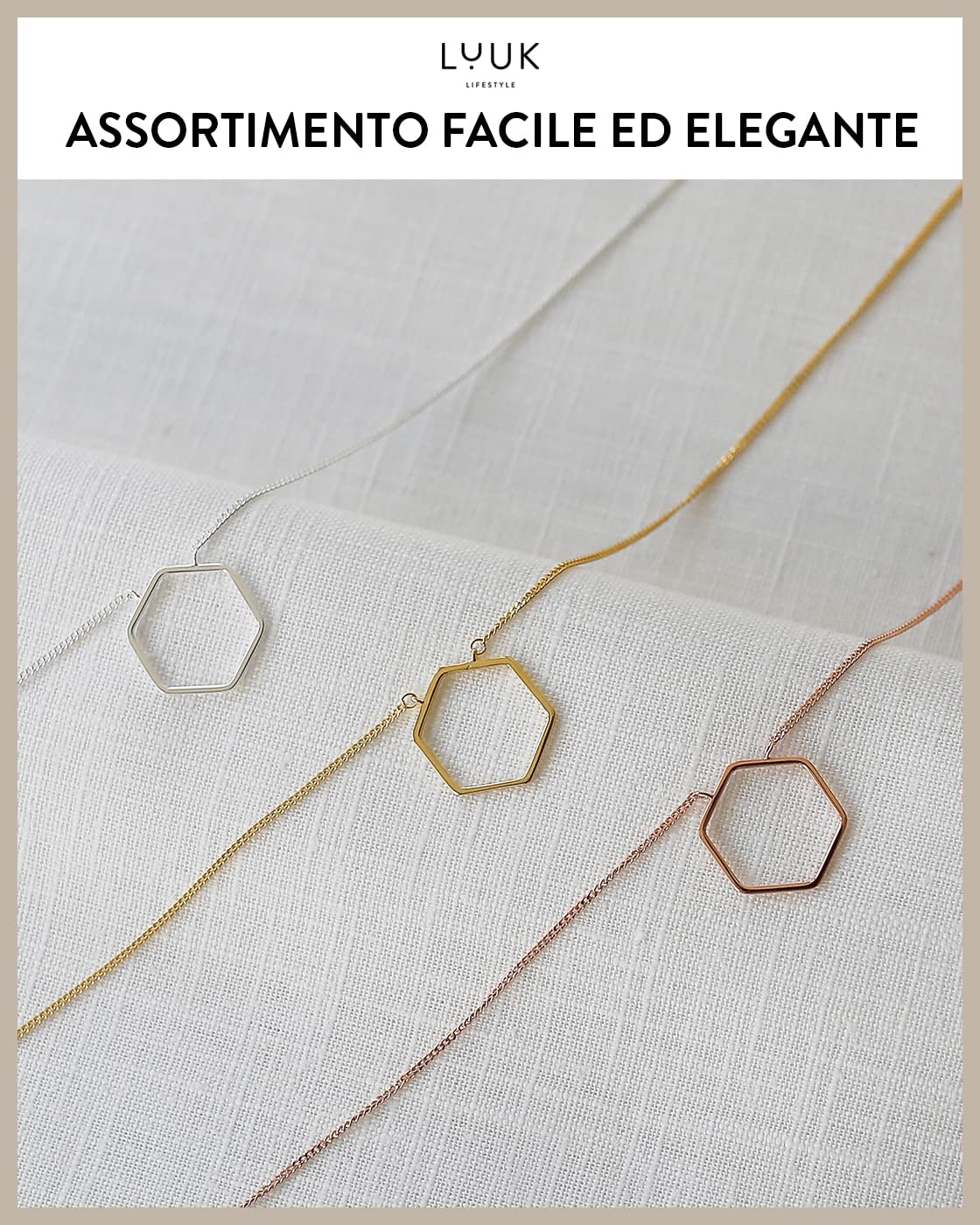 LUUK LIFESTYLE Collana in argento 925 con ciondolo ad anello, esagono, quadrato, cerchio, portafortuna e dedica SIMPLICITY, argento, oro, rosa