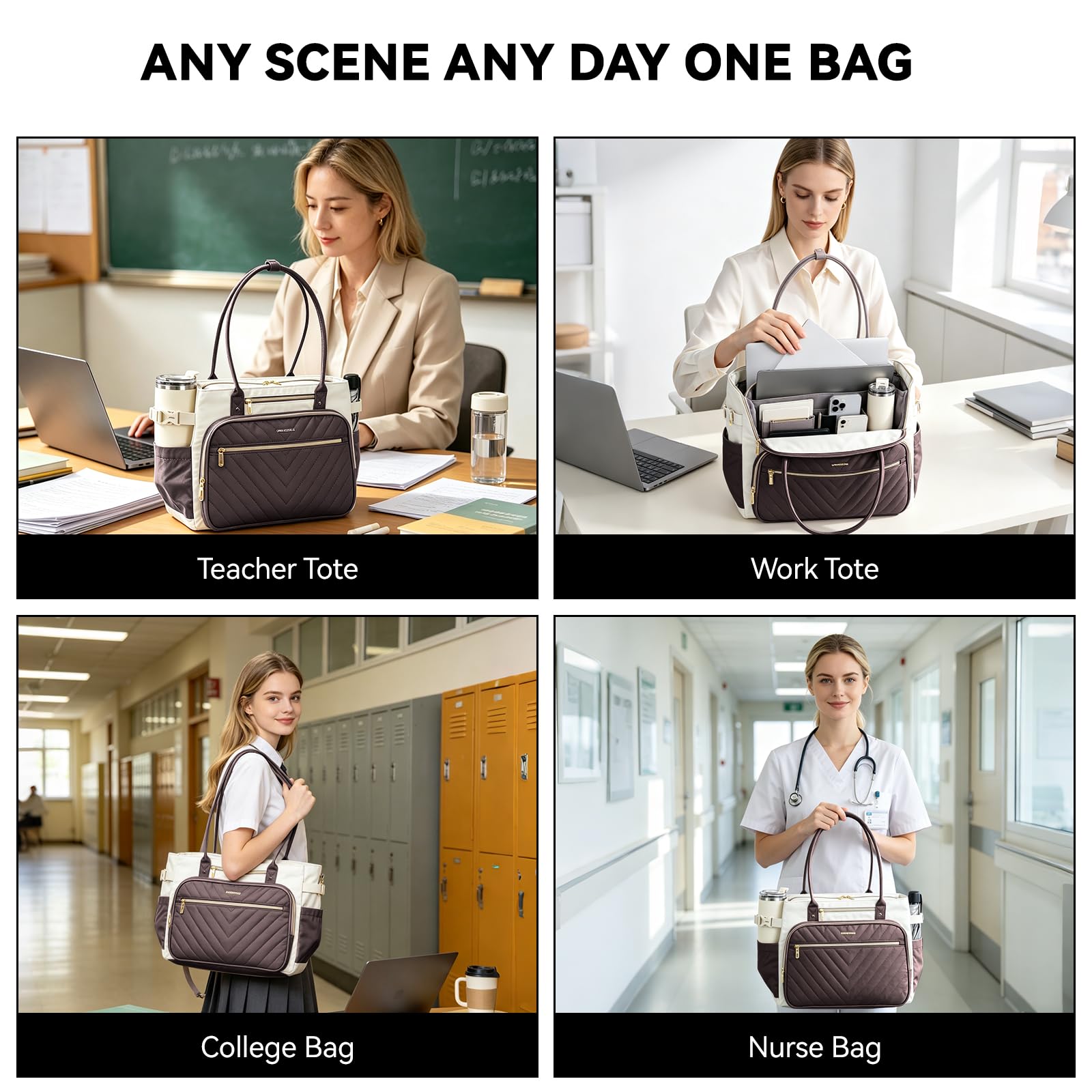 VANKEAN Borsa per computer portatile da donna, 15,6 pollici, borsa da lavoro impermeabile, borsa a tracolla per computer, borsa grande per lavoro, viaggi d'affari, beige/caffè