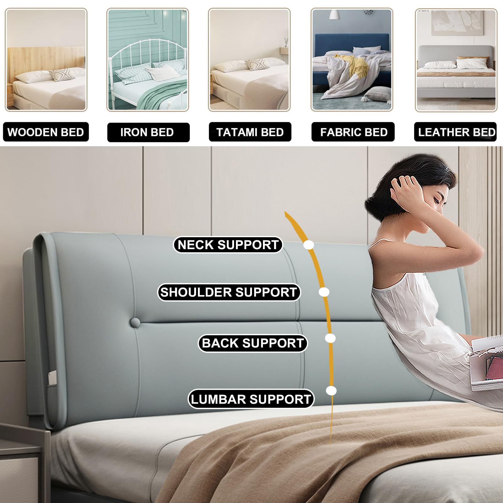 Cabecero de cama grande gris montado en la pared con funda extraíble, cojín rectangular de apoyo lumbar para sofá, litera, 71 x 23 x 4 pulgadas, correas ajustables para mayor comodidad
