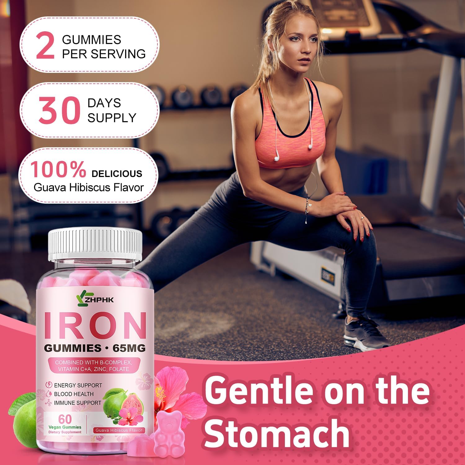 Iron Gummies Vitamin Supplement 65mg & Vitamin C 250mg per Serving with B6 B12 Folate- Energy Support for Iron Deficiency, Anemia, Vegan Guava Hibiscus Flavor, 60 Count - Image 8