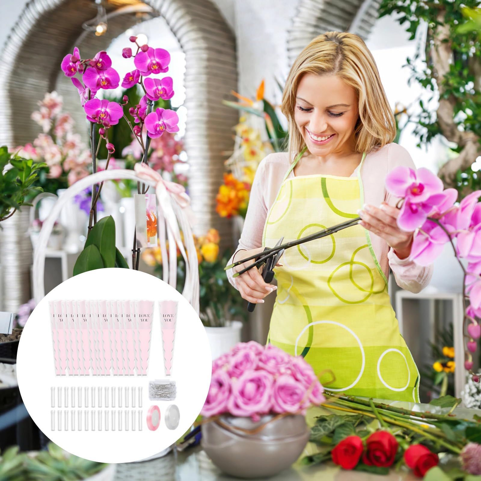 Kit di 302 bouquet di fiori con spilli scintillanti, set di composizioni floreali fai da te, viene fornito con tubi trasparenti per vasi e nastri di raso, ideale per decorare e avvolgere fiori