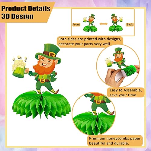 Miniatura 4 de 9 piezas de decoraciones de panal del día de San Patricio, centros de mesa de temática irlandesa surtidos con duendes, ollas de oro, tréboles y