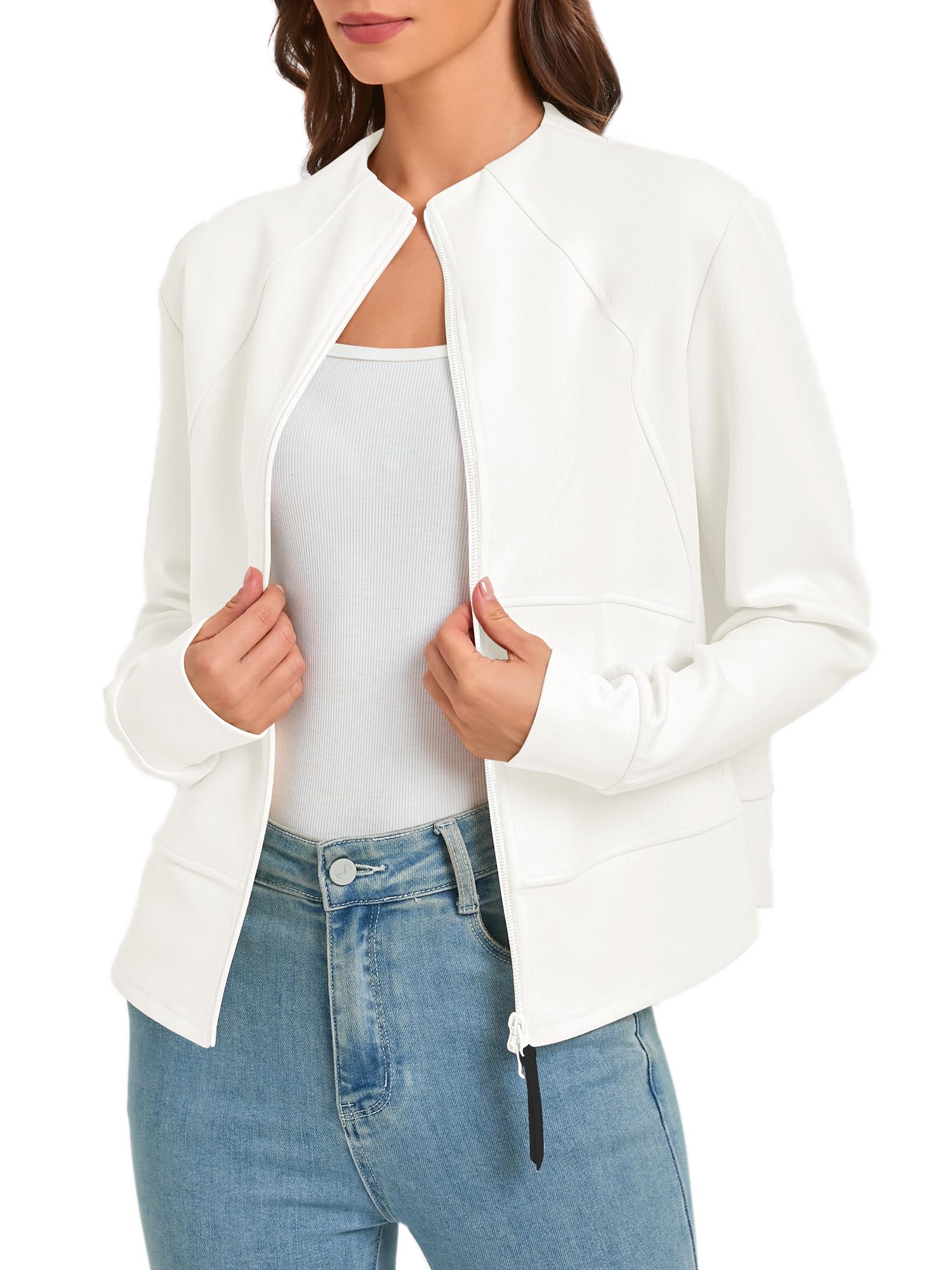 Women’s Stand Collar Bomber Jacket Lightweight Casual Zip Up Coat Outerwear with Pockets for Spring Fall 2026