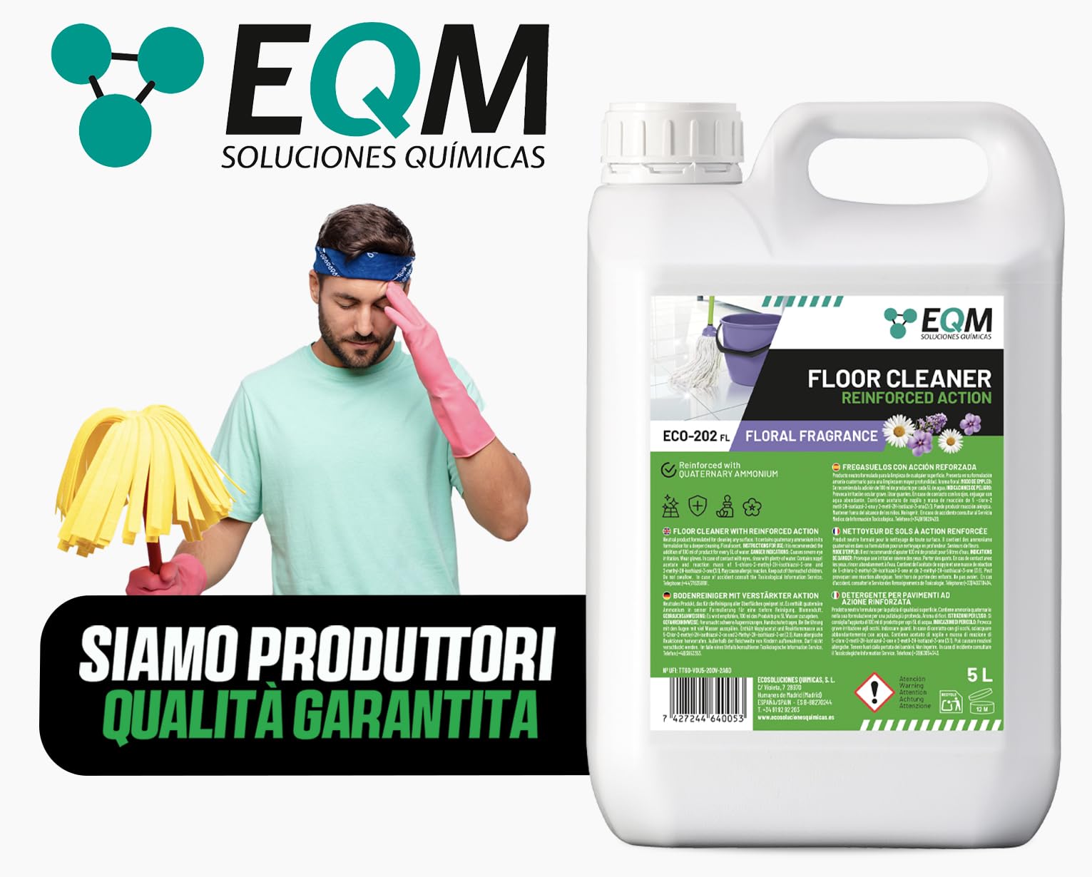 EQM - ECO-202 - Detergente per Superfici Multiple - Azione Rinforzata per una Pulizia Superiore - 5L - Alta Capacità Sgrassante e Deodorante - Aroma Floreale