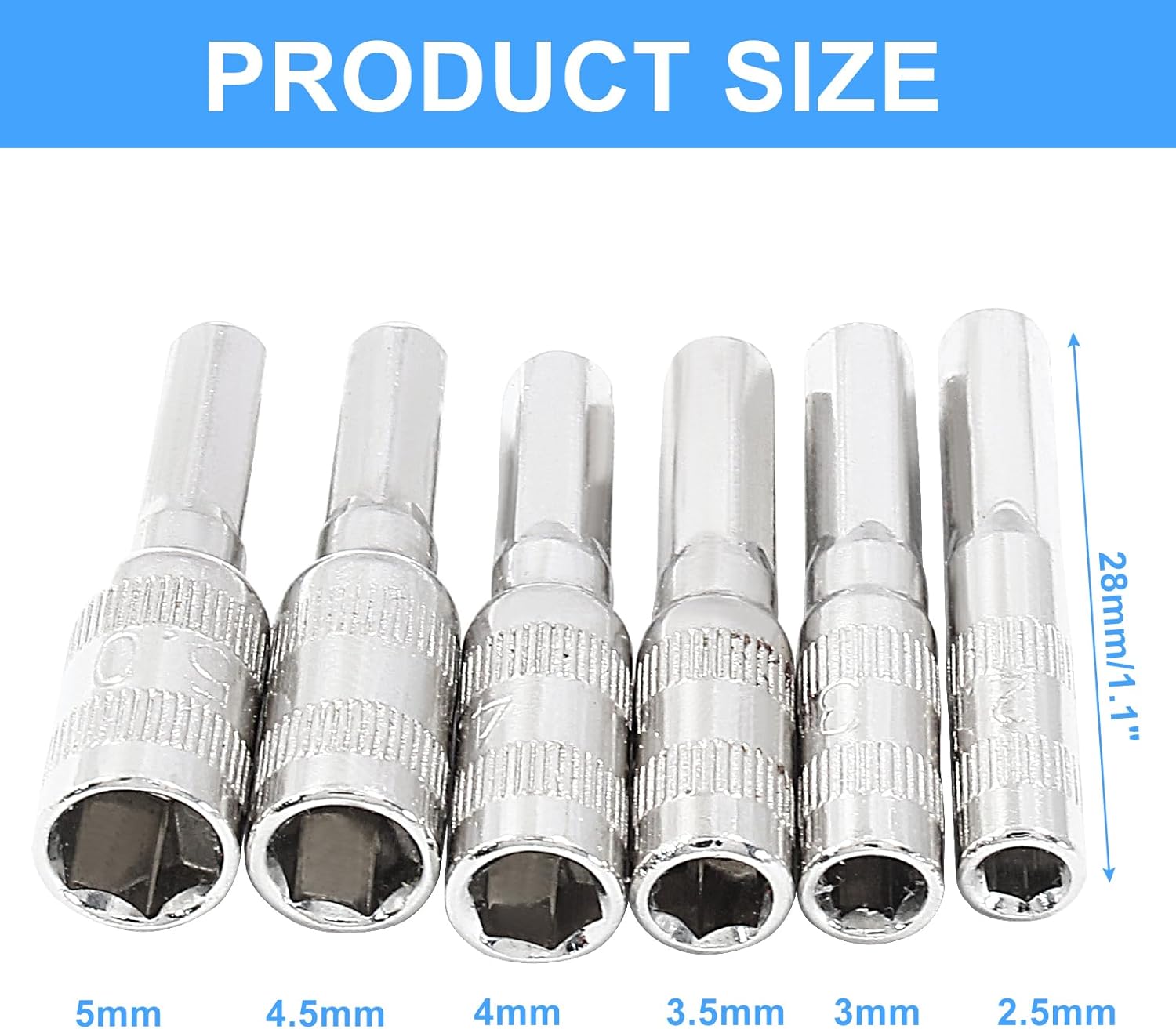 6 in 1 Hex Socket Adapter with H4 Shank, 2.5mm 3mm 3.5mm 4mm 4.5mm 5mm Metric 6 Point Power Nut Driver Drill Bit Set