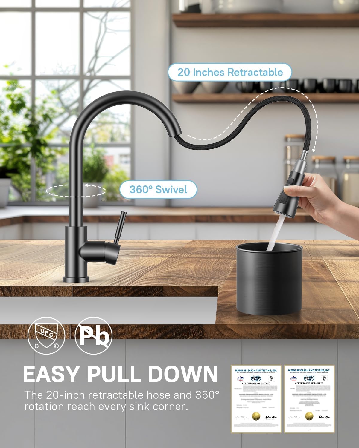 WEWE Kitchen Faucets with Pull Down Sprayer, Stainless Steel Single Handle 1 Hole for Family Kitchen with WEWE in Counter Soap Dispenser for Sink, Matte Gray