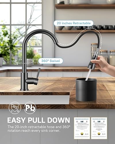 Vista 92 de WEWE grifo de cocina de una sola manija, de arco alto, extraíble, níquel pulido, grifos para fregaderos de cocina de una sola palanca, de acero