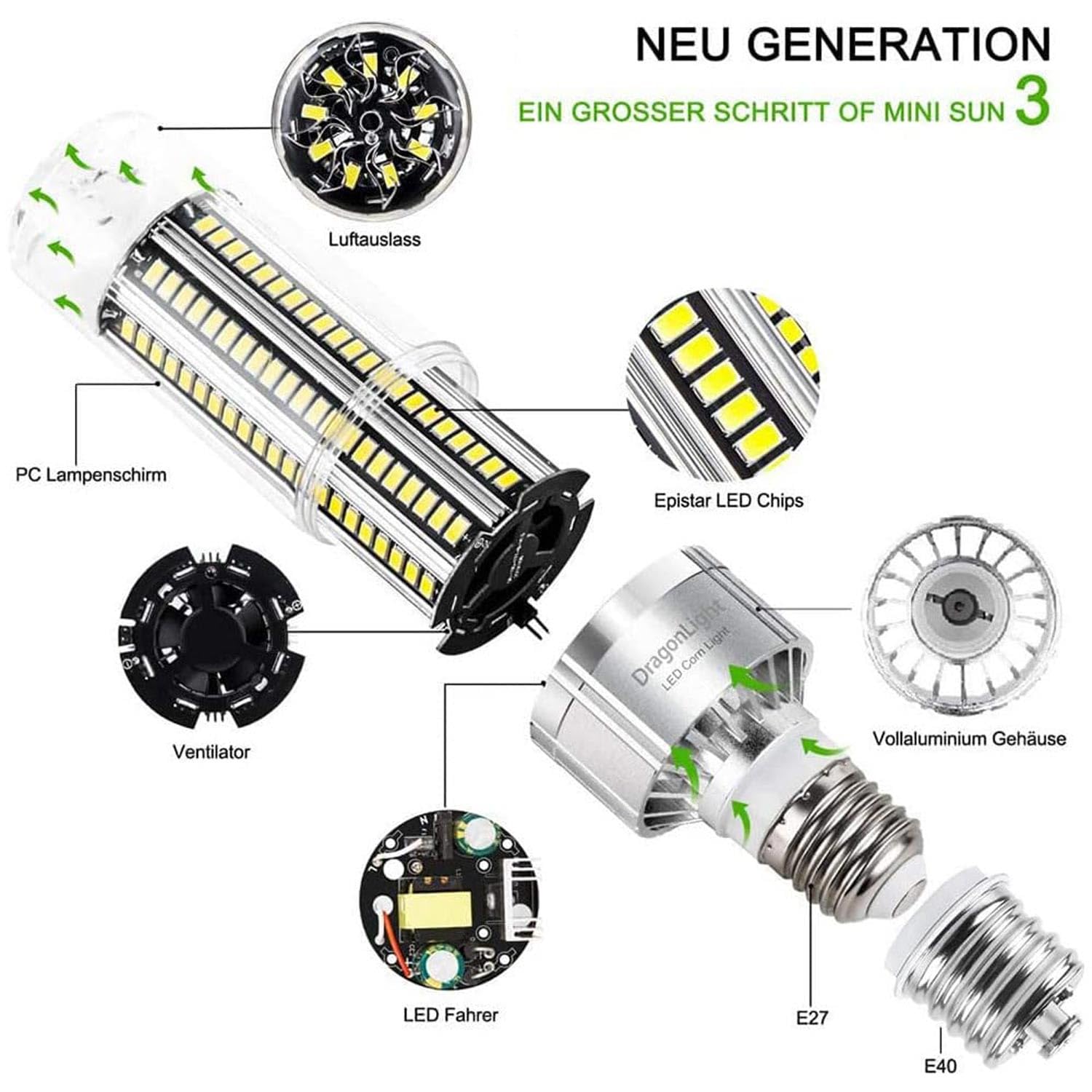 DragonLight 50W Superhelle Mais Licht LED Glühbirne(Ersetzt 350Watt) - E27 Edison LED Lampe mit E40 Adapter - 6000K Kaltweiß 6000Lumen für Großes Gebiet Beleuchtung - Garage Halle Lager Werkstatt