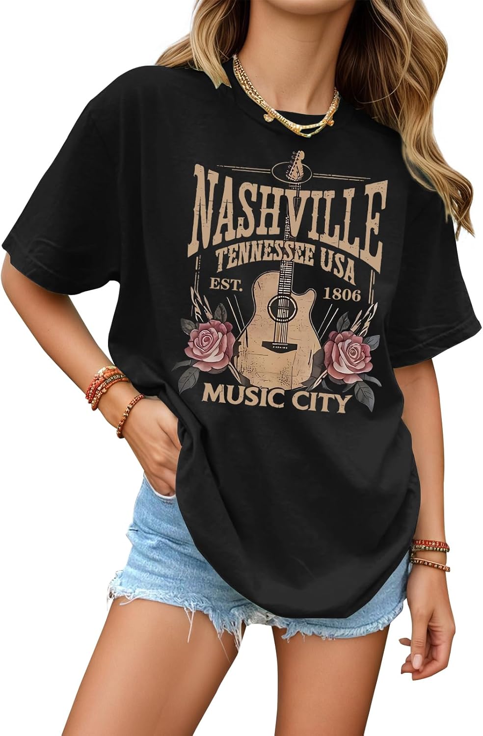 KIEKIECOO Oversized Rock Band T Shirts for Women Nashville Music City Tshirt Vintage Guitar Graphic Tees Country Concert Tops