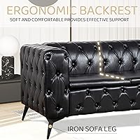 Vista 6 de Sofás negros para sala de estar, moderno sofá Chesterfield copetudo, asiento profundo, cómodo sofá de piel sintética, brazos enrollados plisados