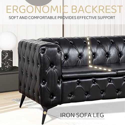 Miniatura 6 de Vaztrlus Sofás negros para sala de estar, moderno sofá Chesterfield copetudo, asiento profundo, cómodo sofá de piel sintética, brazos enrollados