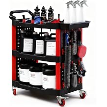 3-Tier 200Kg Capacity Braked Castors Utility Tool Cart, Car Detailing Trolley On Wheels, Heavy Duty Rolling Tool Storage with Hanging Plate|Hooks|Storage Box for Garage Warehouse Valeting Mechanic