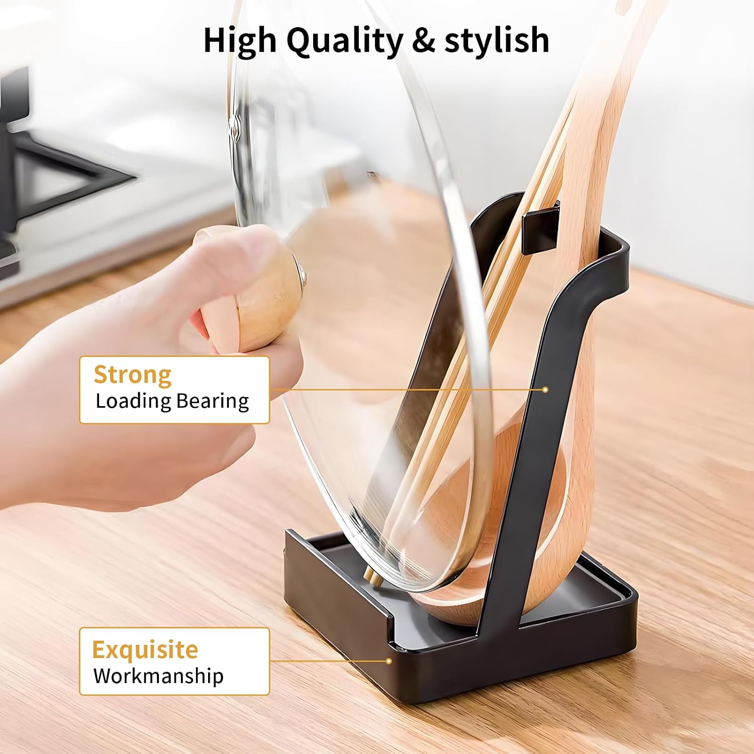XinPinHua Fingerprint-Resistant Matte Black Stainless Steel Pot Lid & Ladle Holder, No-Assembly Countertop Organizer for Kitchen, 304 Food-Grade Material, 4"x4" Size with Detachable Drip Tray