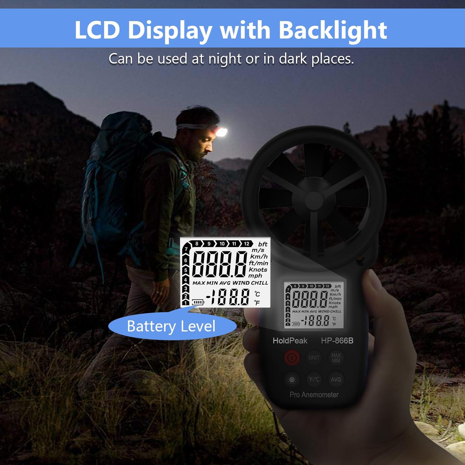 HoldPeak Handheld Anemometer Bluetooth, Digital Wind Speed Gauge Meter, Air Flow Velocity Temperature CFM Measuring Device for HVAC Outdoor Sailing Shooting Golf, 866B-APP