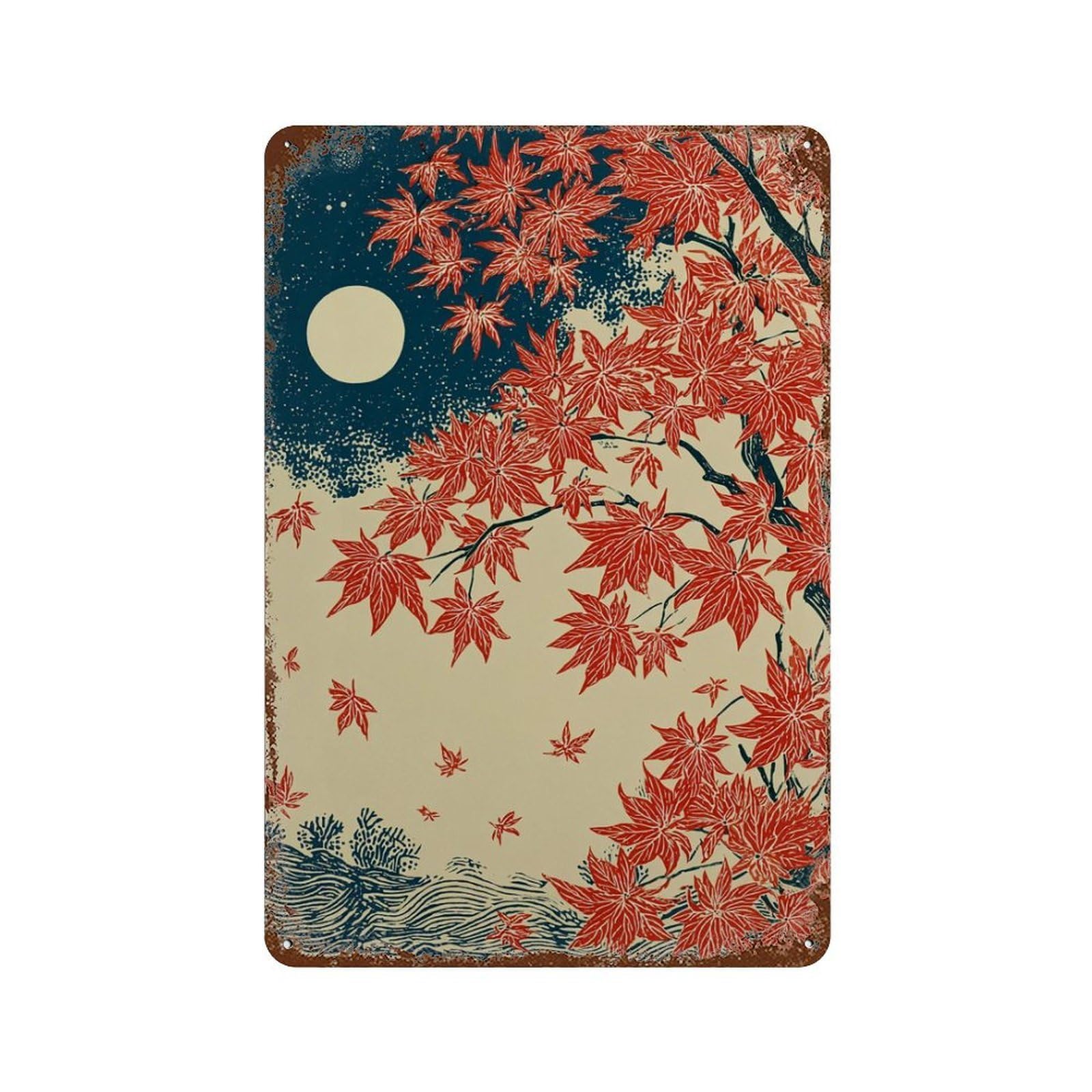xiaoxiaoshen Japanese Maple Autumn Red Blue Moonlit Landscape Elegant Nature Wall Decor Art Metal Tin Poster Modern Home Decor Art Home Bar Shop Decorations Vintage Sign 30x20cm
