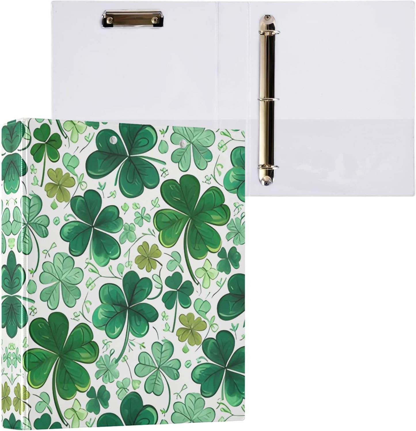 St. Patrick's Day Shamrock 3 Ring Binders, 1.5” Round Ring Binders with Clipboard - Letter Size, 3 Interior PVC Clear Pockets & Anti-Slip Clip for Office School Supplies, 2PCS