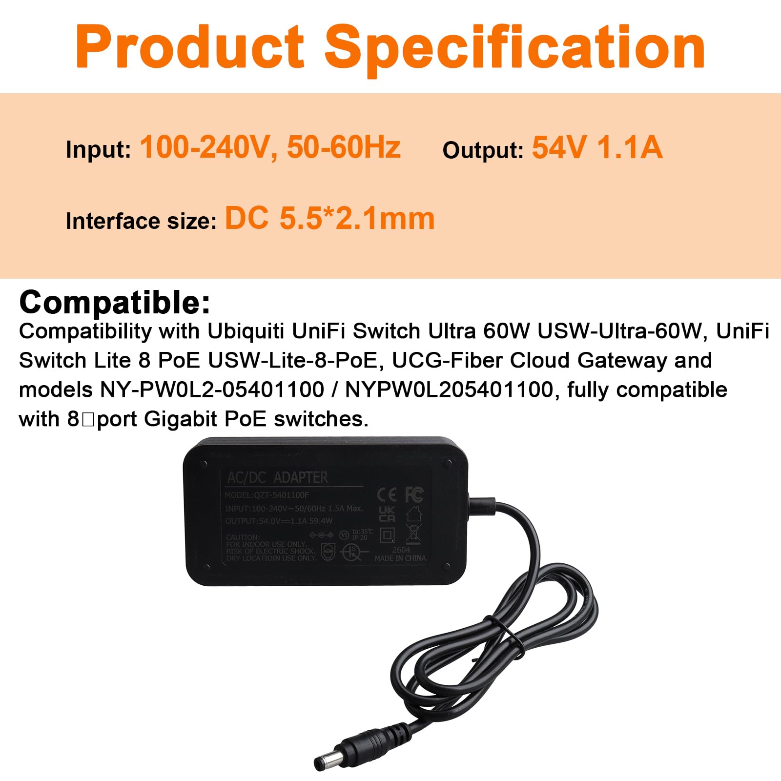 Alimentation 54 V 1,1 A Compatible avec Le Commutateur PoE Gigabit Ethernet Compact 8 Ports de Couche 2 Ubiquiti Networks Ultra 60W USW-Ultra-60W USW-Lite-8-PoE (NY-PW0L2-05401100)
