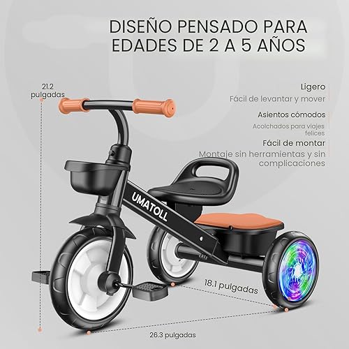 Miniatura 8 de Umatoll Triciclo para niños pequeños de 2 a 5 años, bicicleta ajustable para niños y niñas de 2 a 4 años, triciclo con ruedas iluminadas