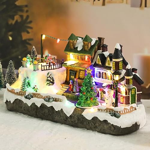 Miniatura 5 de Afirst Casas de pueblo navideño, figuras coleccionables, patinadores, esquiadores, árbol de Navidad giratorio, casas de Navidad iluminadas,