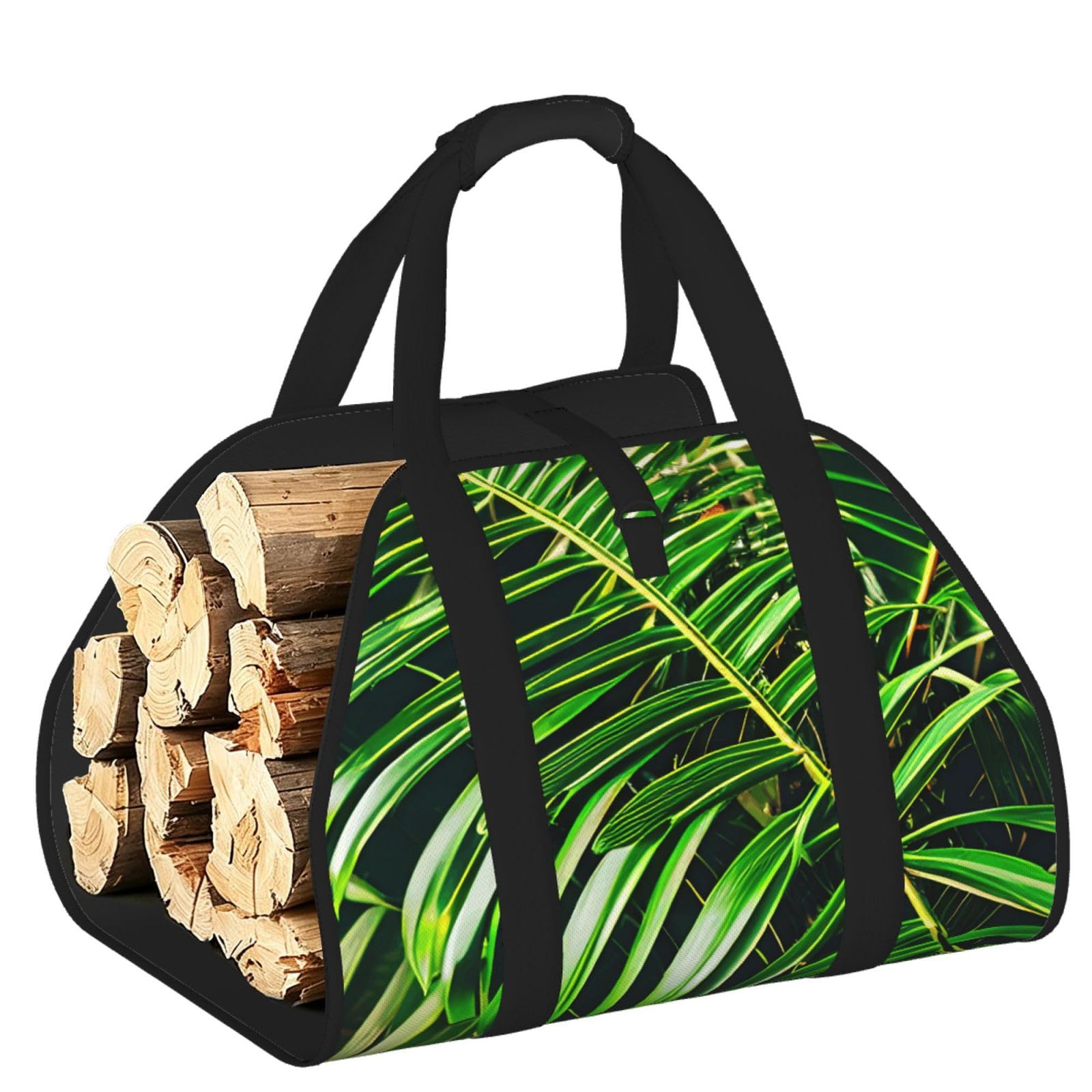 Ayyqwe Black Palm Tree Green Leaves Print Firewood Bag Wood Waterproof Versatile Camping Picnic Storage Daily Home