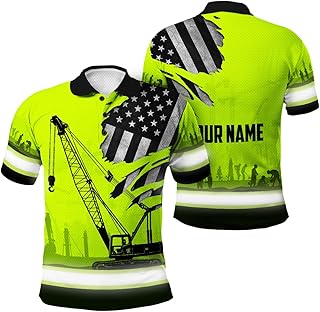 Matedecor Safety Polo Shirts Hi Vis Green Neon Crane Operator Customize Name High Visibility Shirt for Men Reflective Shirt Construction Workwear for Workers, Trucker, Operator, Patriotic-S