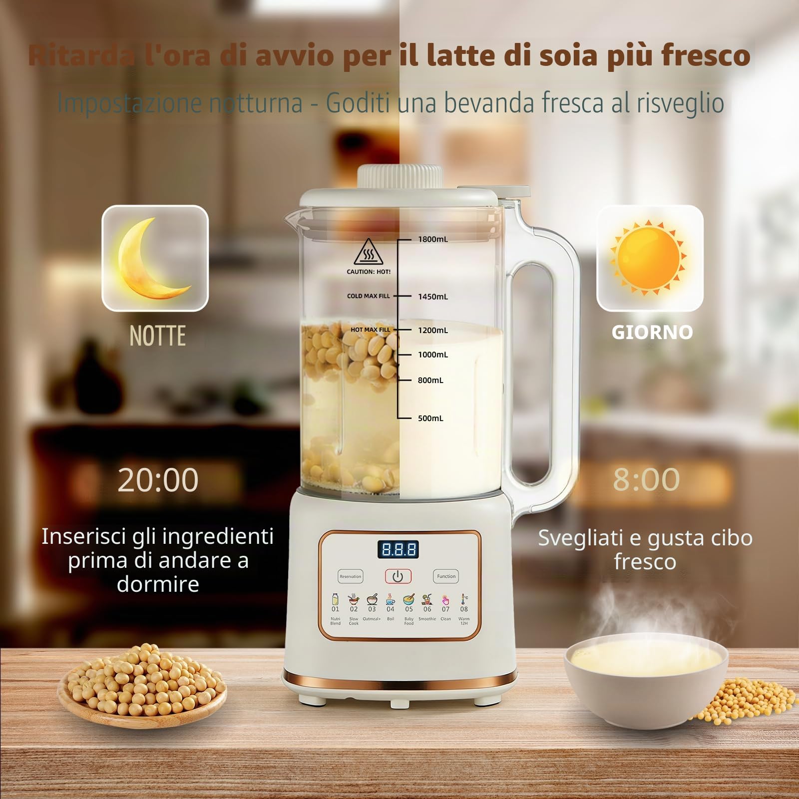 Macchina latte vegetale 1500ml, Latte di soia 8 funzioni, Autopulizia | Macchina automatica per latte di noci e mandorle, con autopulizia, ideale per soia, avena e bevande vegetali fatte in casa