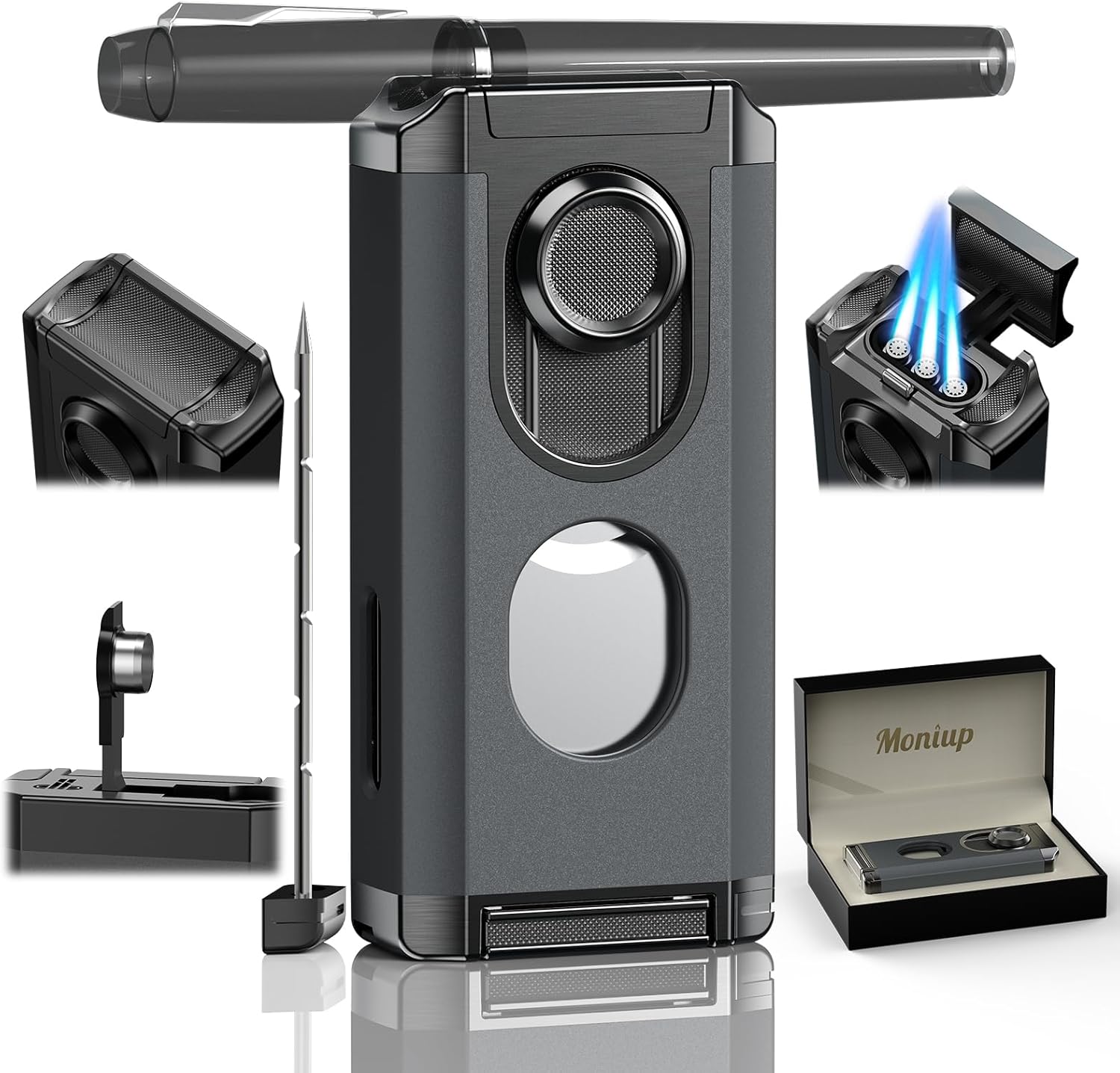 5-in-1 Torch Lighter, with Multi-use Tool, Punch, Draw Enhancer Tool, Holder, Butane Refillable Triple Jet Flame, Multifunctional Accessories, Gifts for Men, Windproof Lighter for Travel, Outdoors