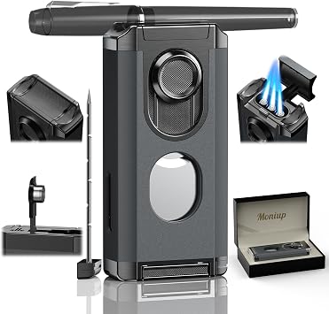 5-in-1 Torch Lighter, with Multi-use Tool, Punch, Draw Enhancer Tool, Holder, Butane Refillable Triple Jet Flame, Multifunctional Accessories, Gifts for Men, Windproof Lighter for Travel, Outdoors