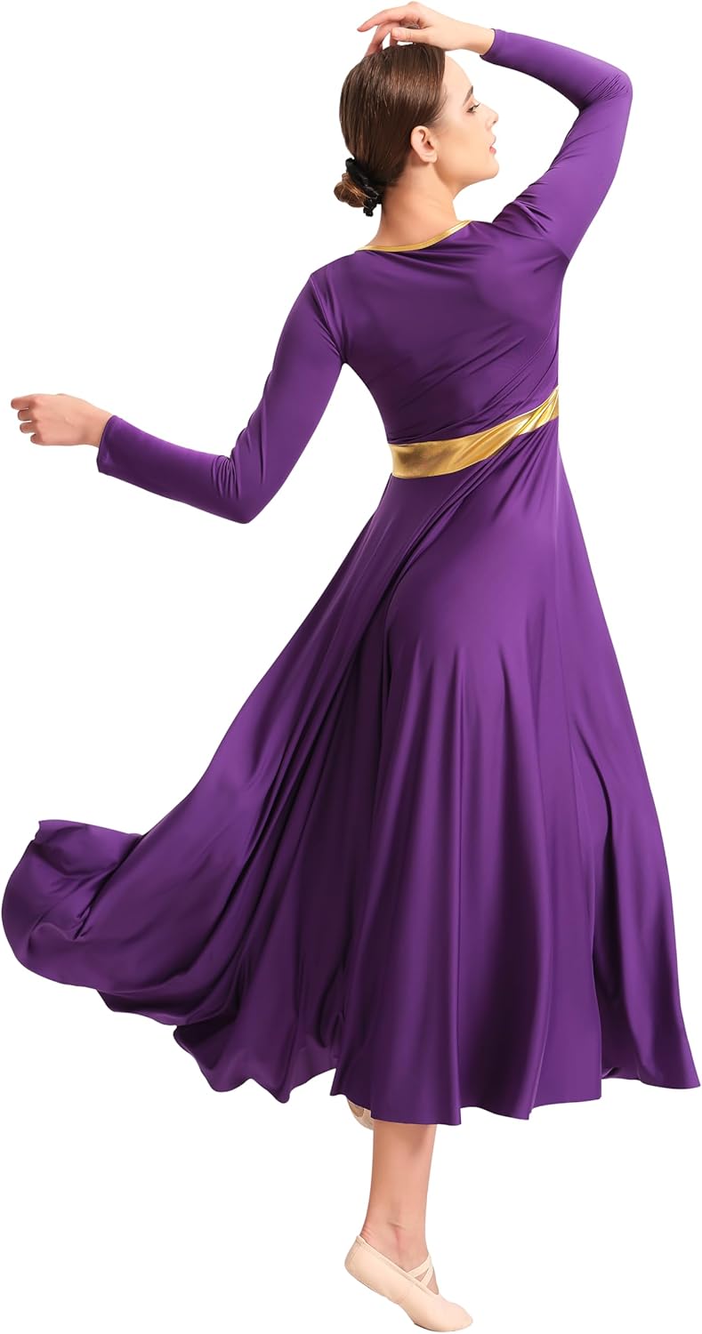 Women Praise Dance Dress Liturgical Metallic Worship Dress Long Sleeve Fit Full Length Dancewear - Image 5