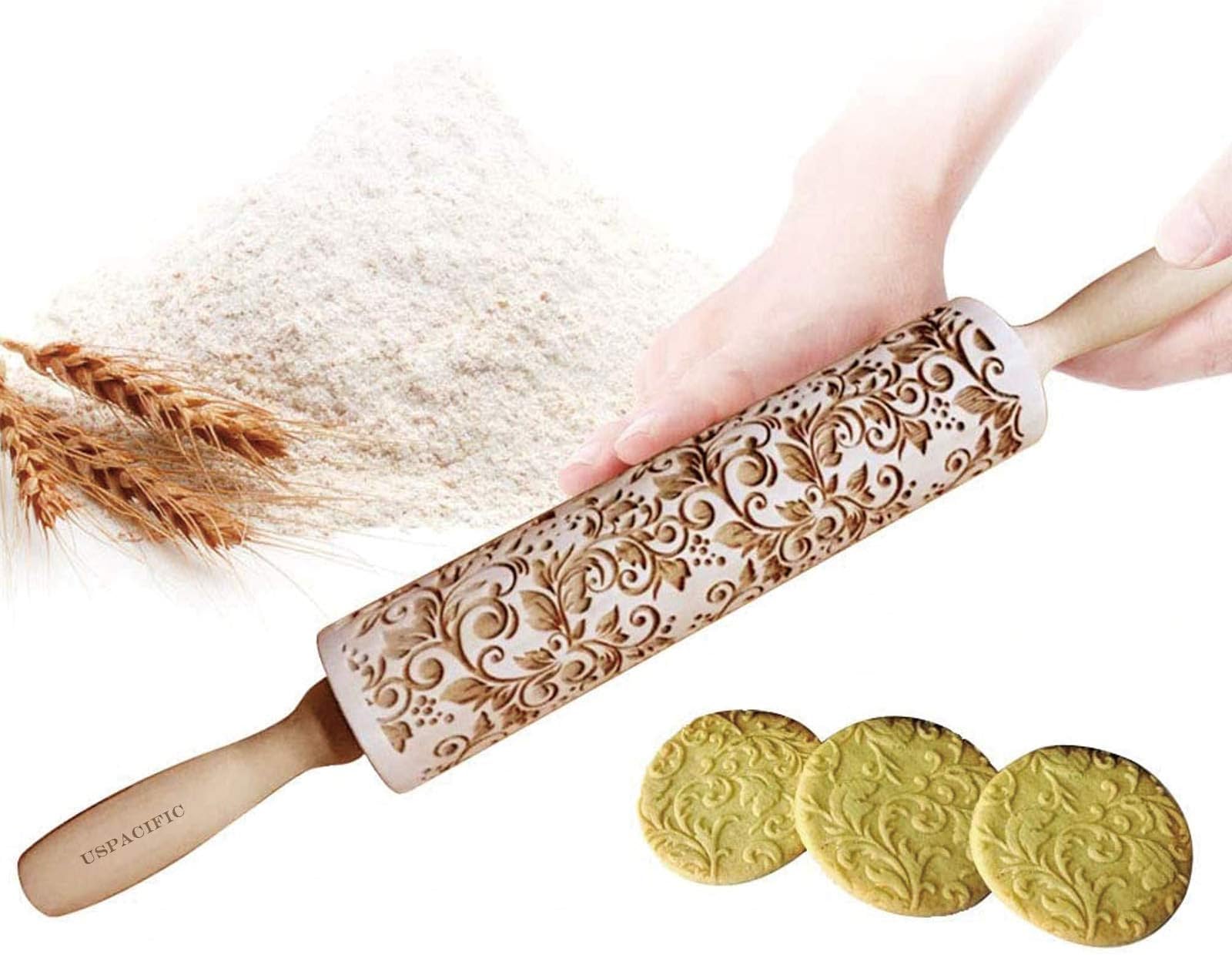 Embossing Rolling Pin, Flower Pattern Wooden Laser Engraved Embossed Printing Rolling Pin DIY Tool for Homemade or Christmas Cookies