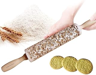 Uspacific Embossing Rolling Pin, Flower Pattern Wooden Laser Engraved Embossed Printing Rolling Pin DIY Tool for Homemade ...