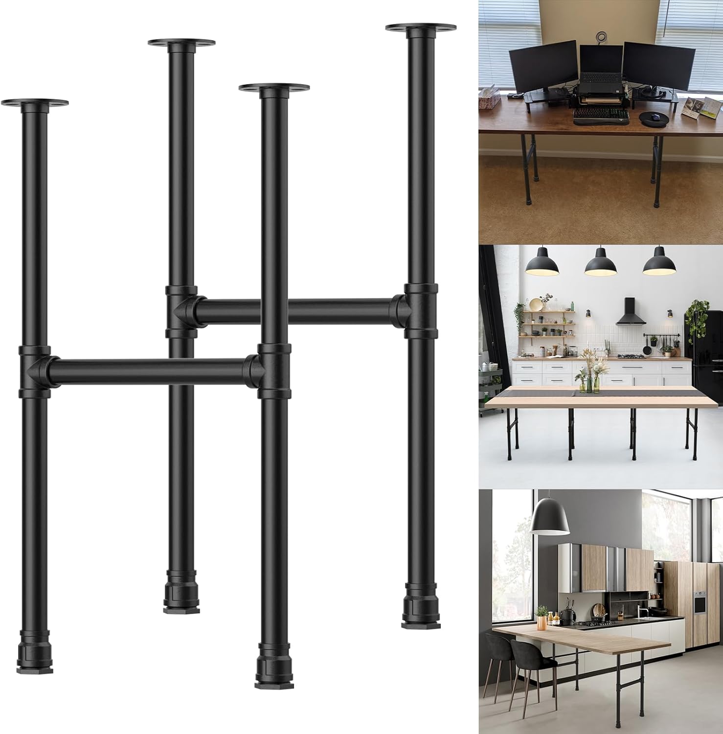 28 Inch Industrial Pipe Table Legs, Heavy Duty Iron Base Legs for Coffee Tables, Desks & Nightstands, Vintage Dark Grey Black Rough Pipes, Mid-Century Modern Style Pipe Furniture (2 Pack)