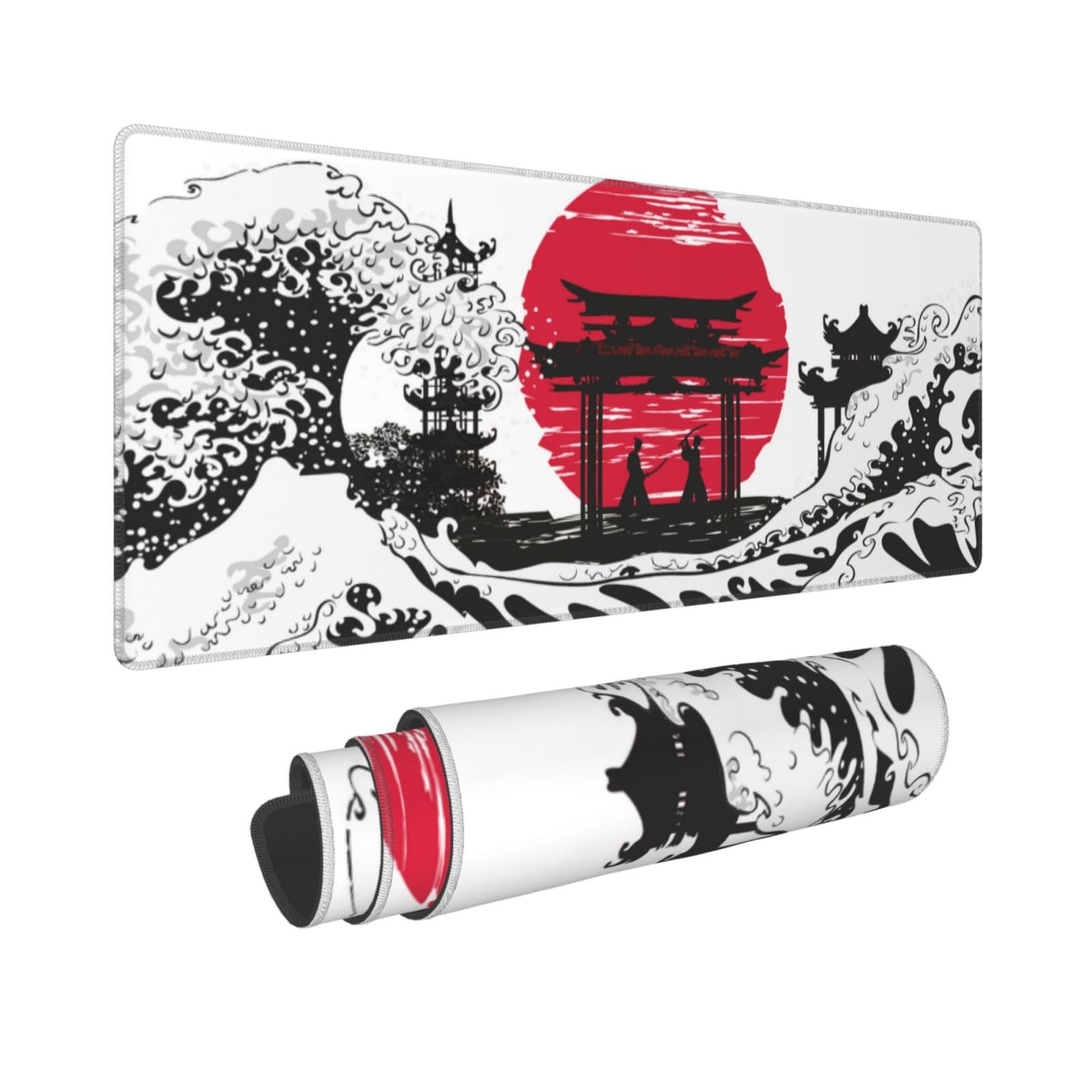 Samurai - Alfombrilla De Mouse Larga Y Extendida XL Con Sol, Luna Y Sol, Color Negro, Rojo, Para Escritorio, Escritorio, Grande, De Goma, Bordes Cosidos, 31.5 X 11.8 Pulgadas