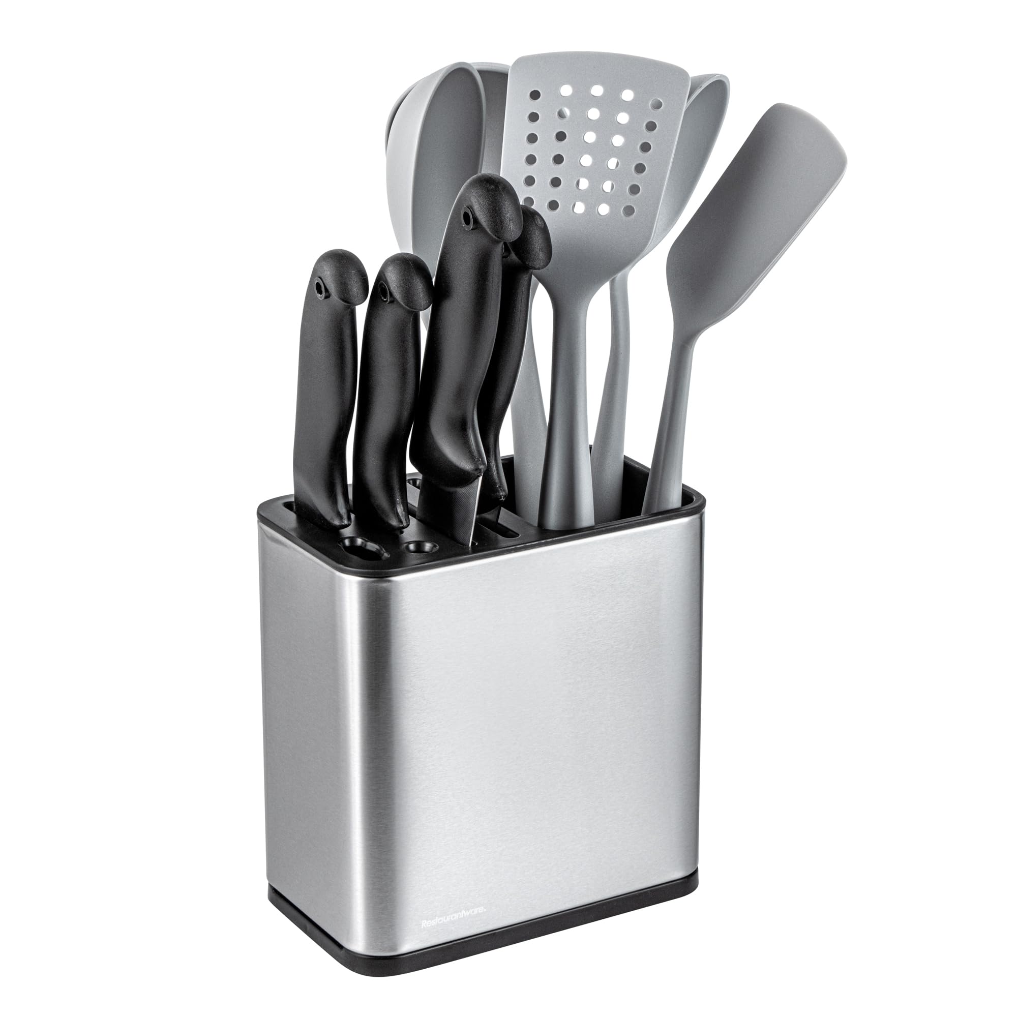 Restaurantware Met Lux 7.72 x 4.65 x 7.87 Inch Utensil Organizer, 1 Utensil Caddy With Weighted Base - Includes Knife Slots, With Drip Tray, Stainless Steel Holder, For Countertops
