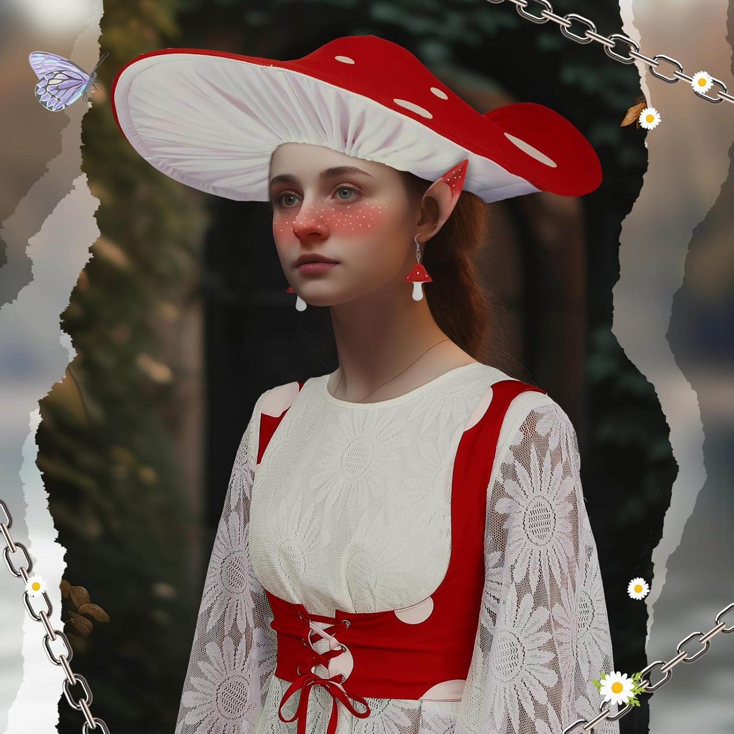 5 Pcs Renaissance Mushroom Costume with Hat and Waistband, Elf Ears, Earrings Halloween Women Victorian Fairy Dress