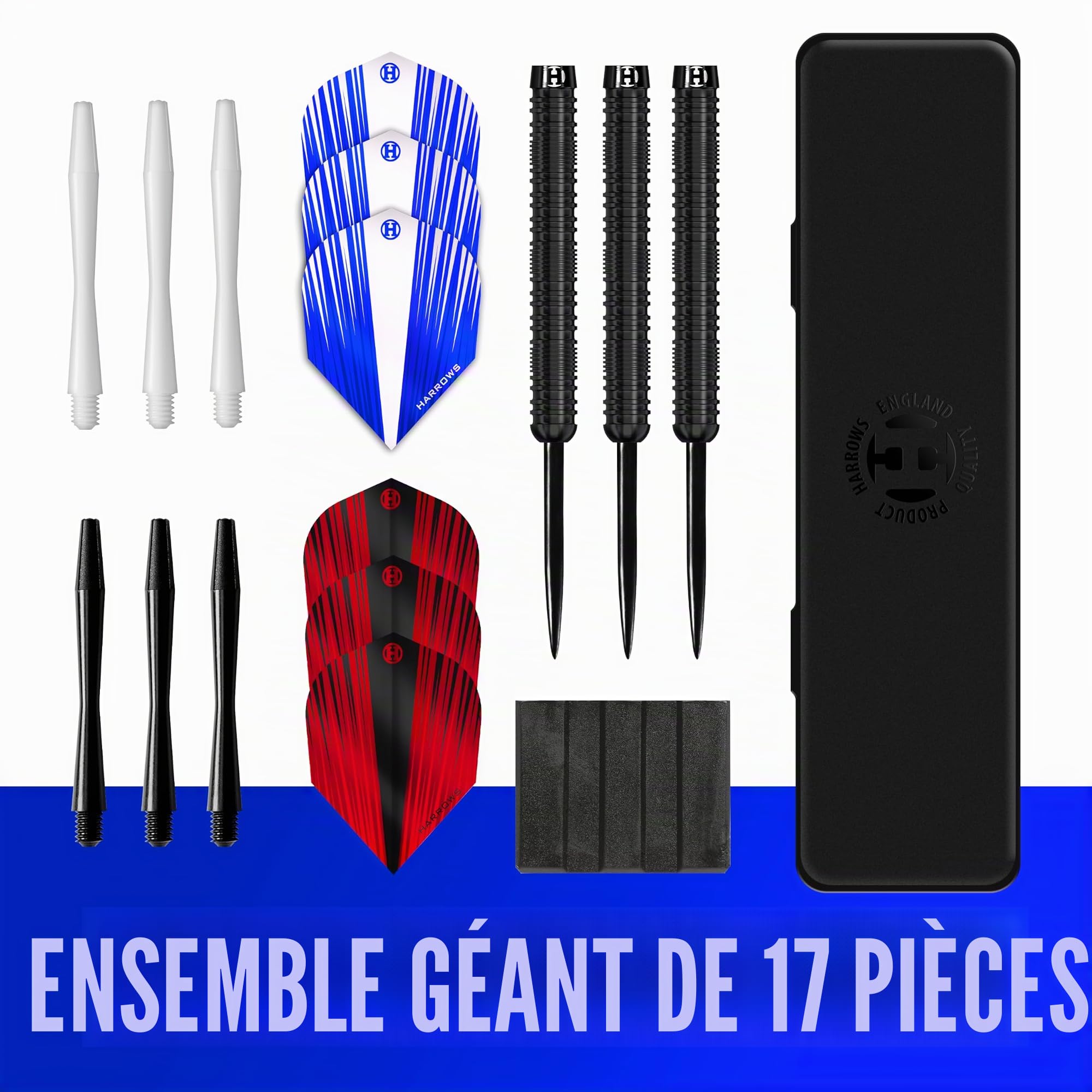 Harrows Caliber 90% Jeu de fléchettes à Pointe en Acier tungstène I 21 g à 30 g I Énorme Lot de 16 pièces avec tiges de Rechange, ailettes Prime et étui de Voyage