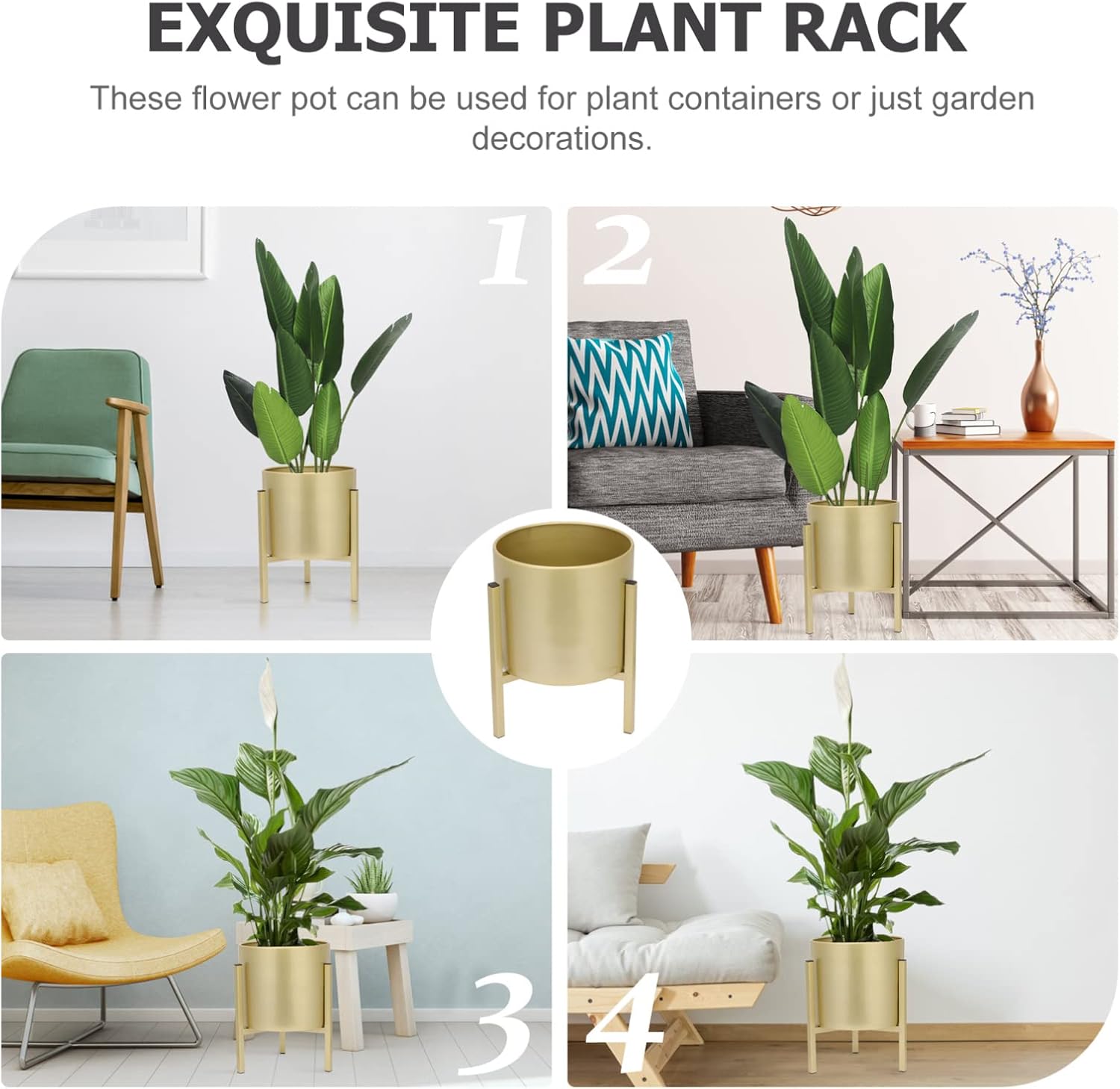 Gold Plant Stand for Indoor Plants - 10 Inch Round Metal Planter Pot with Iron Floor Stand, Modern Flower Pot for Living Room, Home Decor