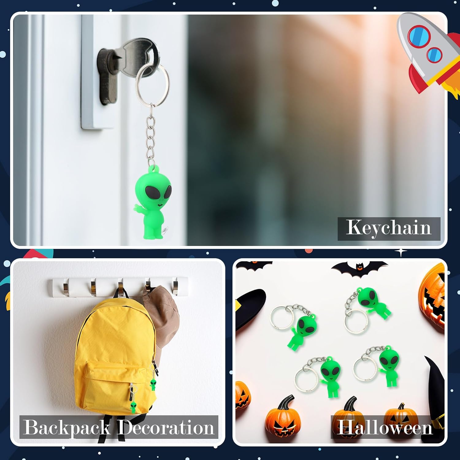 Equsion 50 Pcs Alien Party Favors Alien Keychains Glow in The Dark Space Keychain Mini Rave Trinkets Aliens Figures Little Bulk Gift Prize Christmas Stocking Stuffer for Music Easter Decor (Green)