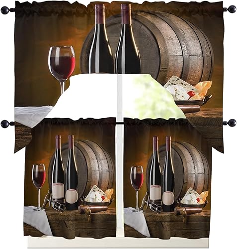 Swag Valances Window for Kitchen 3PCS, Red Wine Cups Wine Barrel Pole Pocket 1 Swag Valance and 2 Tiers Small Treatment Curtain Treatment Panel Set
