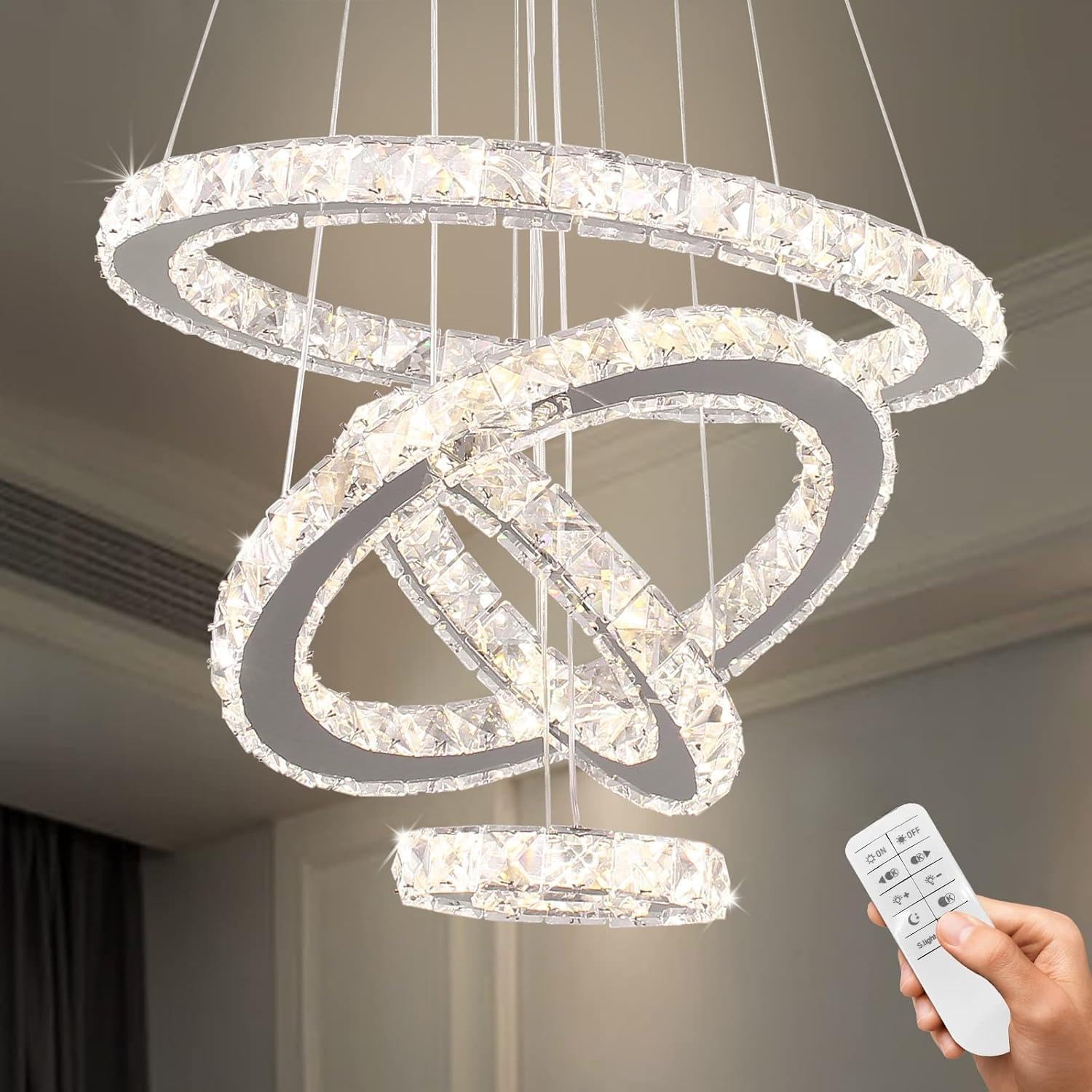 Dimmable Crystal Chandelier with Remote, Modern 4-Ring LED Pendant Light Fixture 2700K-6000K Adjustable K9 Crystal Chandelier for Dining Room Foyer