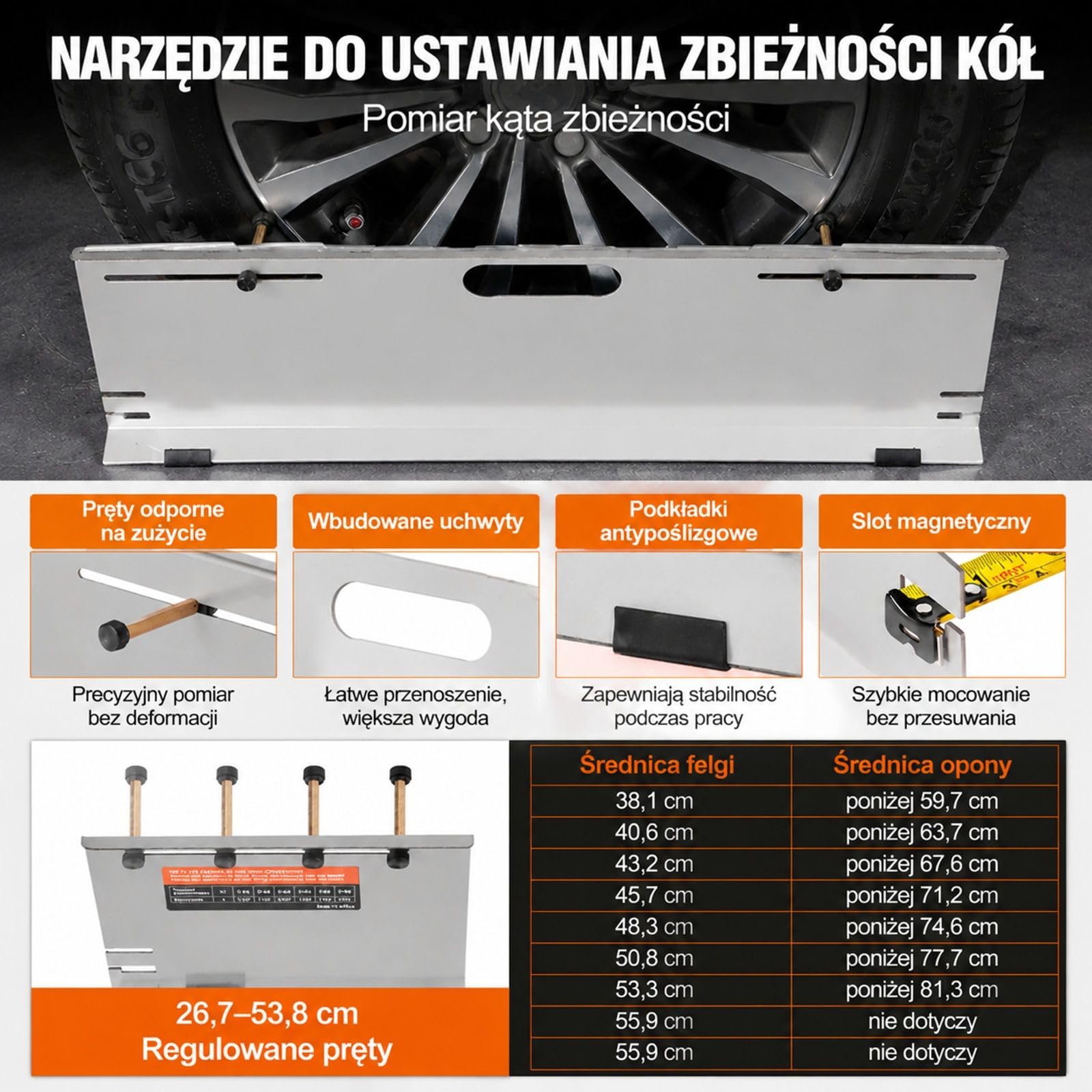 Narzędzie do geometrii kół z płytami zbieżności, miarką i tabelą konwersji do auta oraz garażu