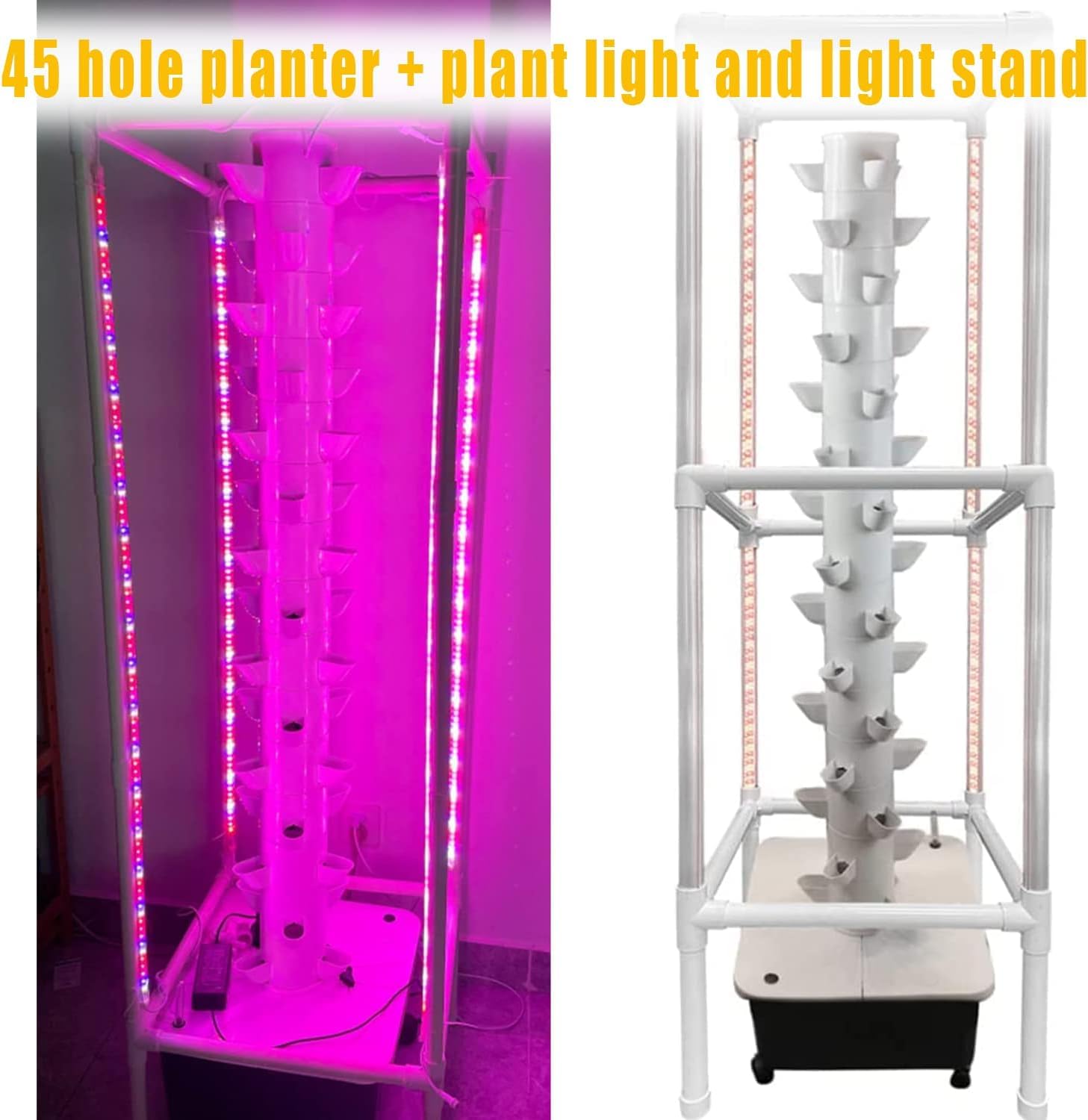 Sistema de Cultivo hidropónico en Torre, 15 Capas, 45 Agujeros, para Interior con luz LED, Torre de Cultivo Vertical con Bomba y depósito de Agua móvil, para Hierbas, Frutas y Verd