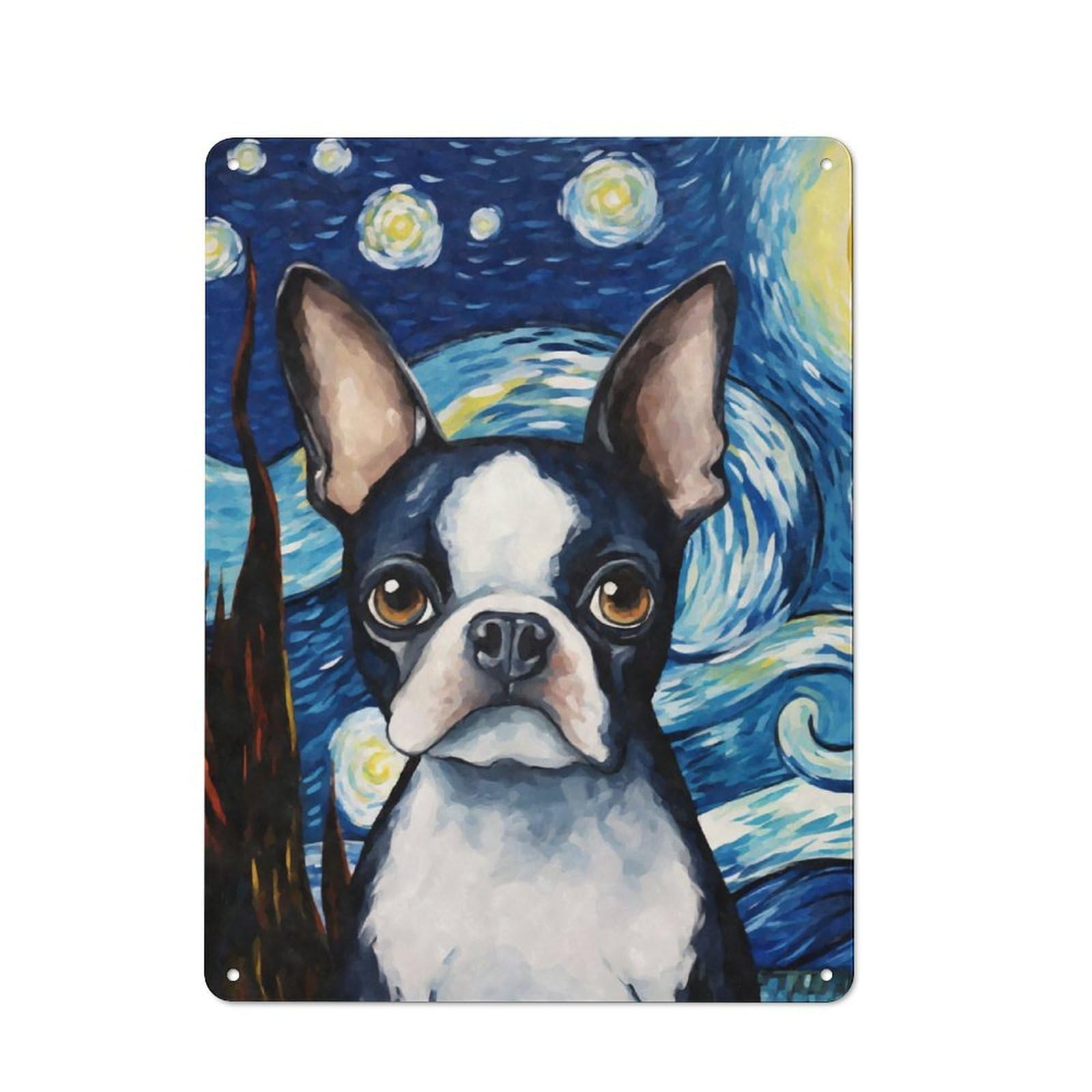 Junmoney Boston Terrier Night Tin Wall Plaque 40X30cm With For Bar Or Restaurant, Suited To Bar Decor Enthusiasts