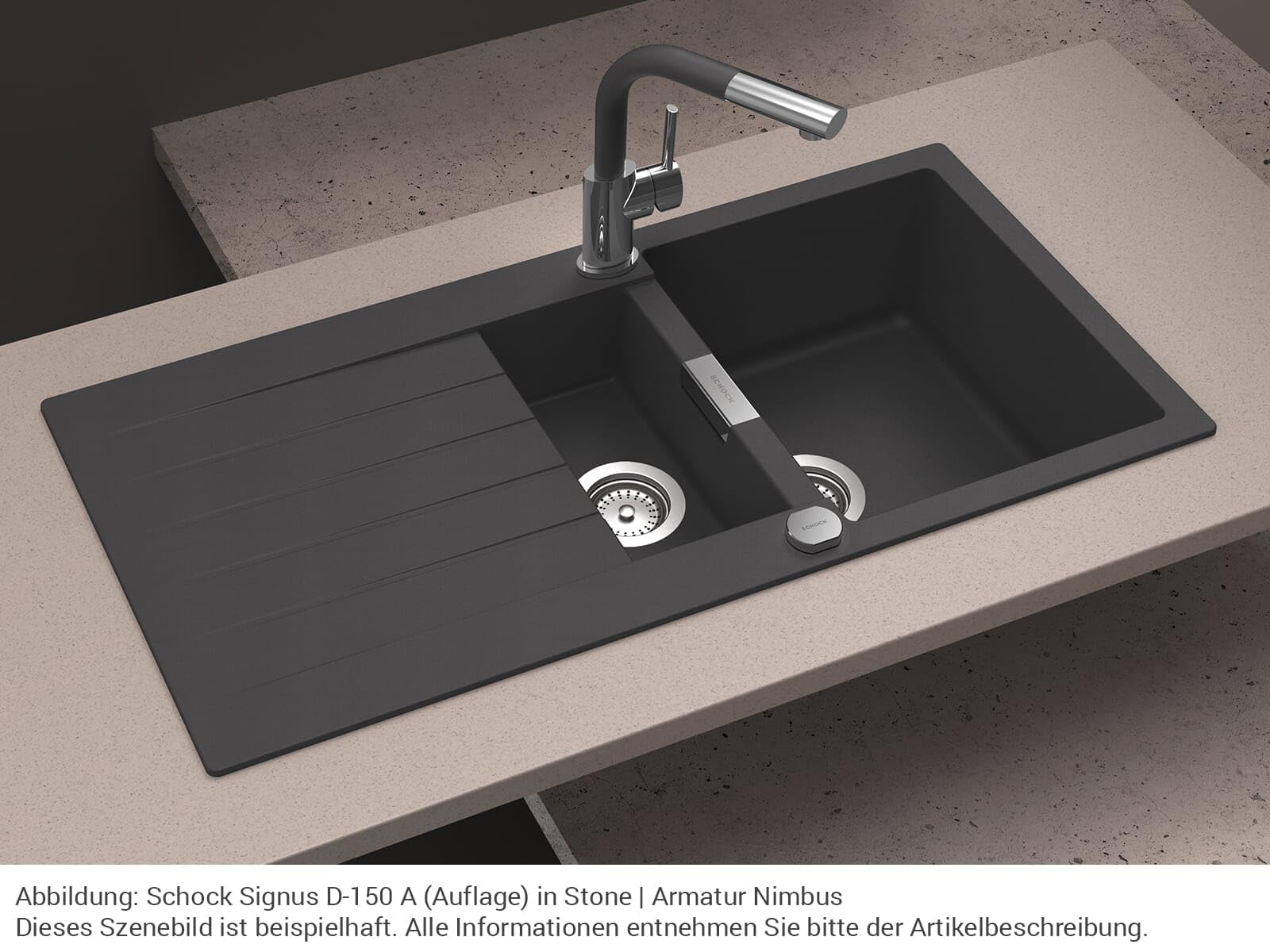 SCHOCK Küchenspüle 100 x 50 cm Signus D-150 Bronze - CRISTADUR braune Granitspüle mit 1 ½ Becken und integrierter Abtropffläche ab 60 cm Unterschrank-Breite