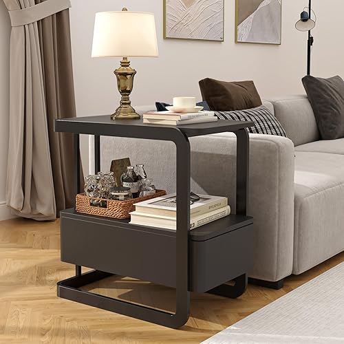Miniatura 8 de Mesa auxiliar estrecha, mesa auxiliar con cajón y estantes de almacenamiento, moderna mesa de noche curva para sala de estar y dormitorio, mesita de