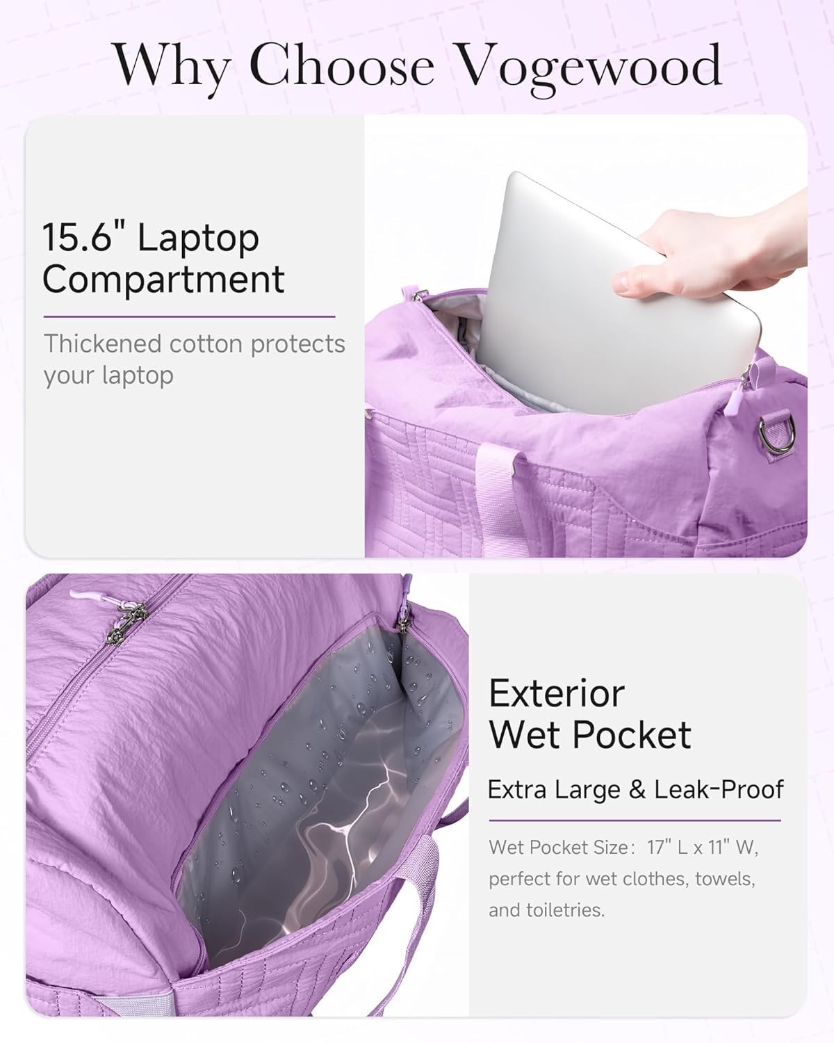 Travel Duffle Bag for Women, Personal Item Carry On Bag for Airplane, Lightweight Weekender Overnight Bag with Large Wet Pocket & Laptop Compartment, Gym Tote for Sport, Trip, Work (Purple)