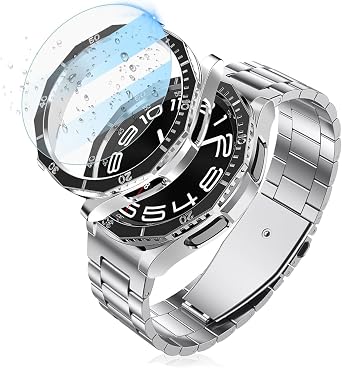 Compatible with Samsung Galaxy Watch 6 Classic 47mm Case, Hard PC Protective Bumper Case + Tempered Glass Screen Protector Film for Galaxy Watch 6 Classic 47mm not for 43mm Black/Silver